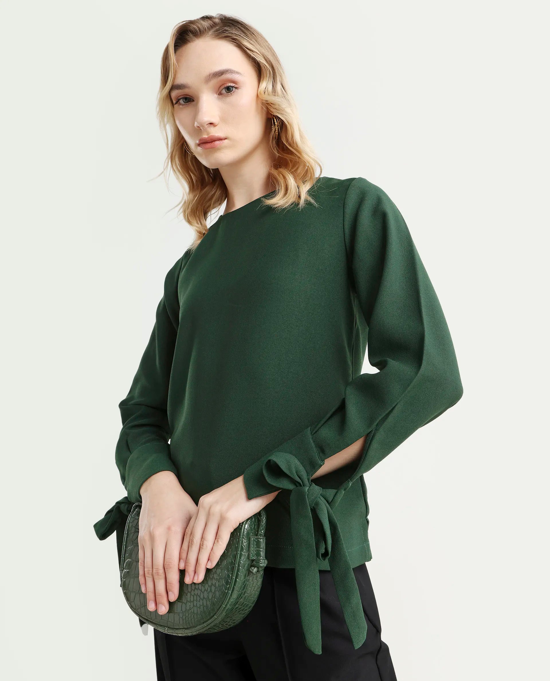 Rareism Women's Merach Green Polyester Boat Neck Plain Regular Fit Top