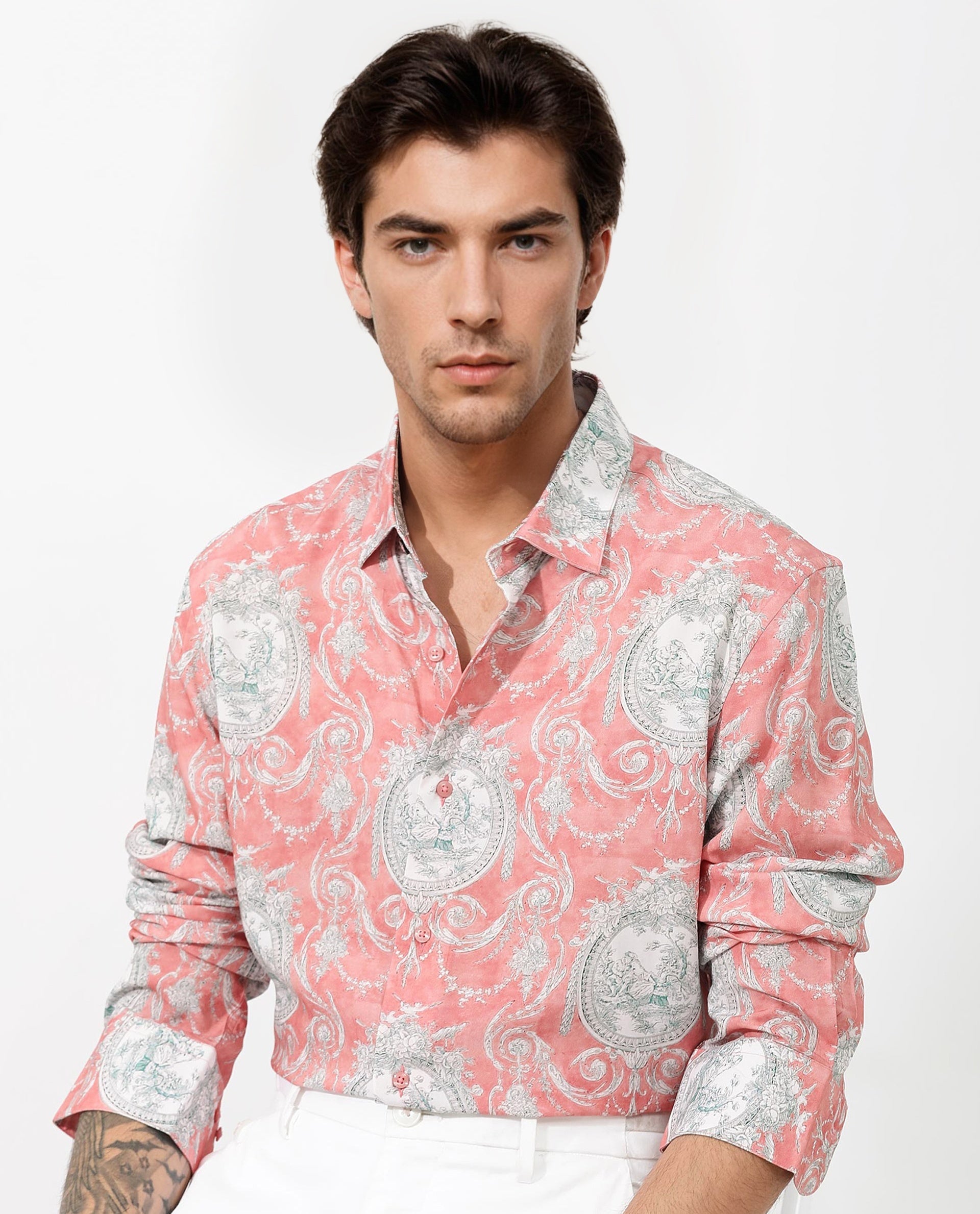 Rare Rabbit Mens Meridin Dusky Peach Viscose Decorative Art Print Full Sleeve Shirt