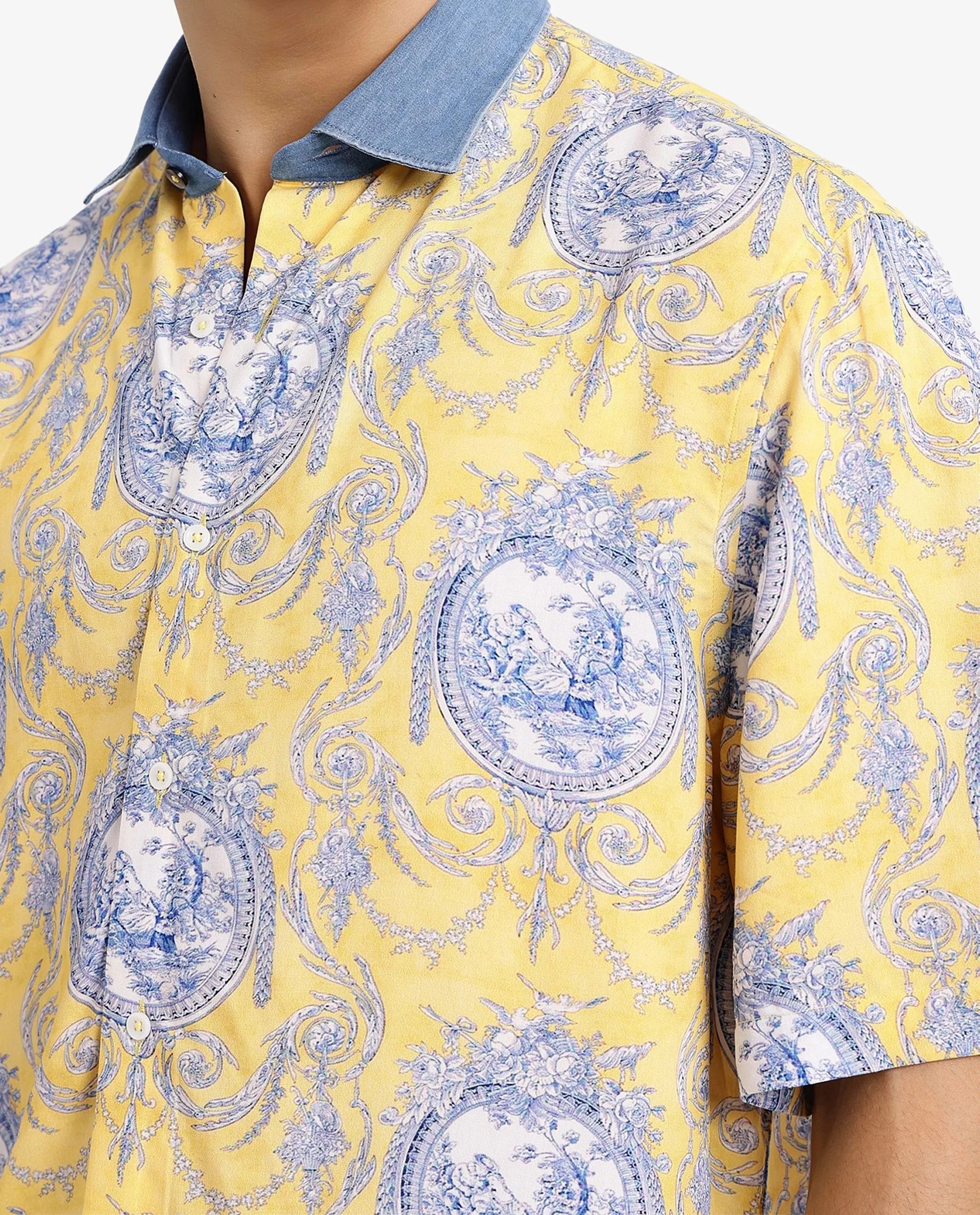 Rare Rabbit Mens Meridin Yellow Viscose Half Sleeve Boxy Fit Decorative Art Print Shirt