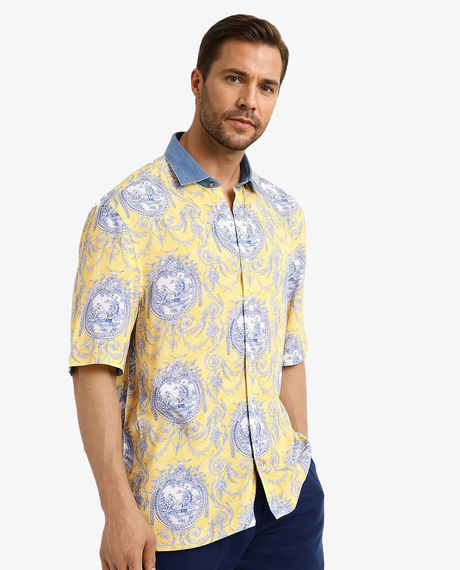 Rare Rabbit Mens Meridin Yellow Viscose Half Sleeve Boxy Fit Decorative Art Print Shirt