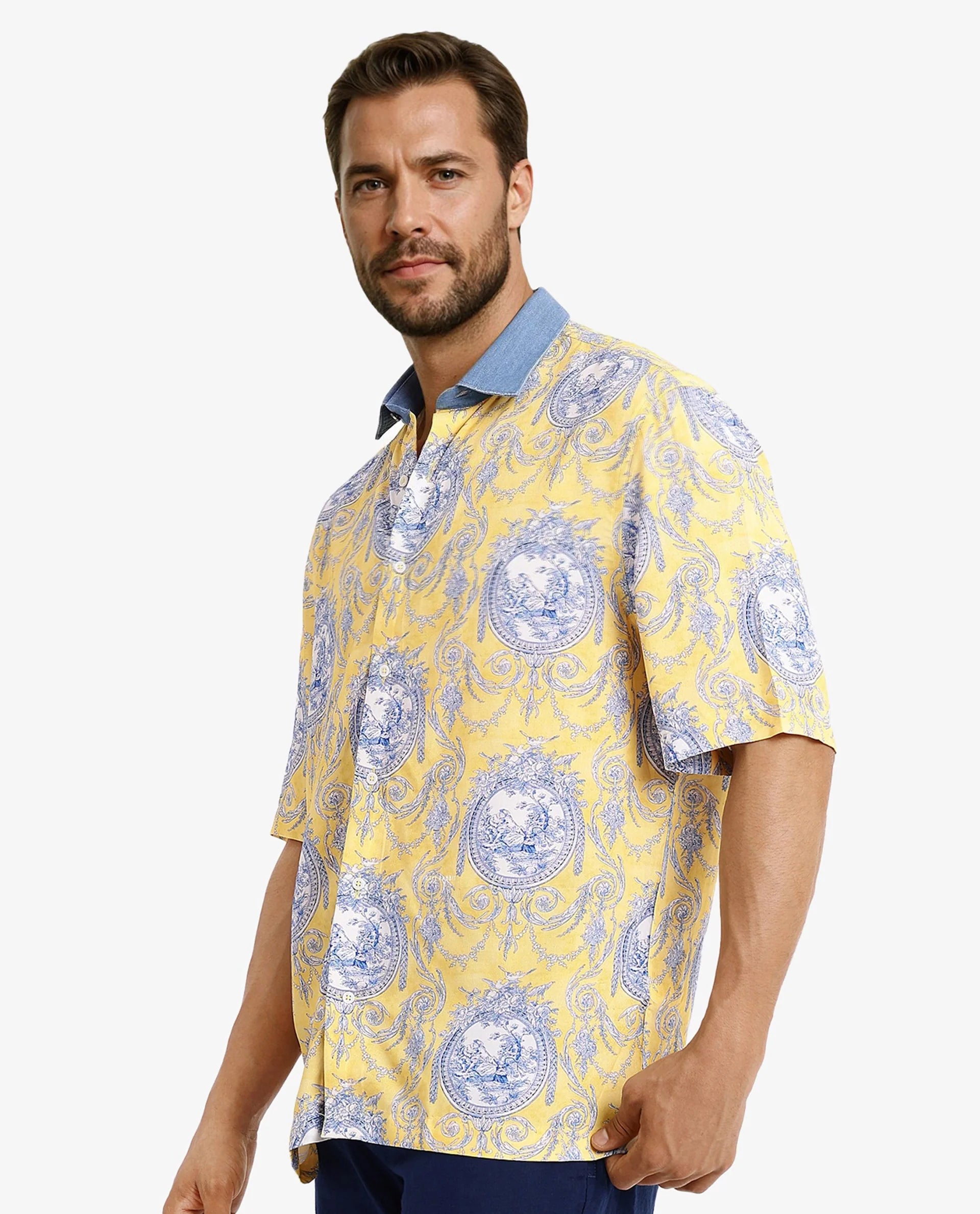 Rare Rabbit Mens Meridin Yellow Viscose Half Sleeve Boxy Fit Decorative Art Print Shirt