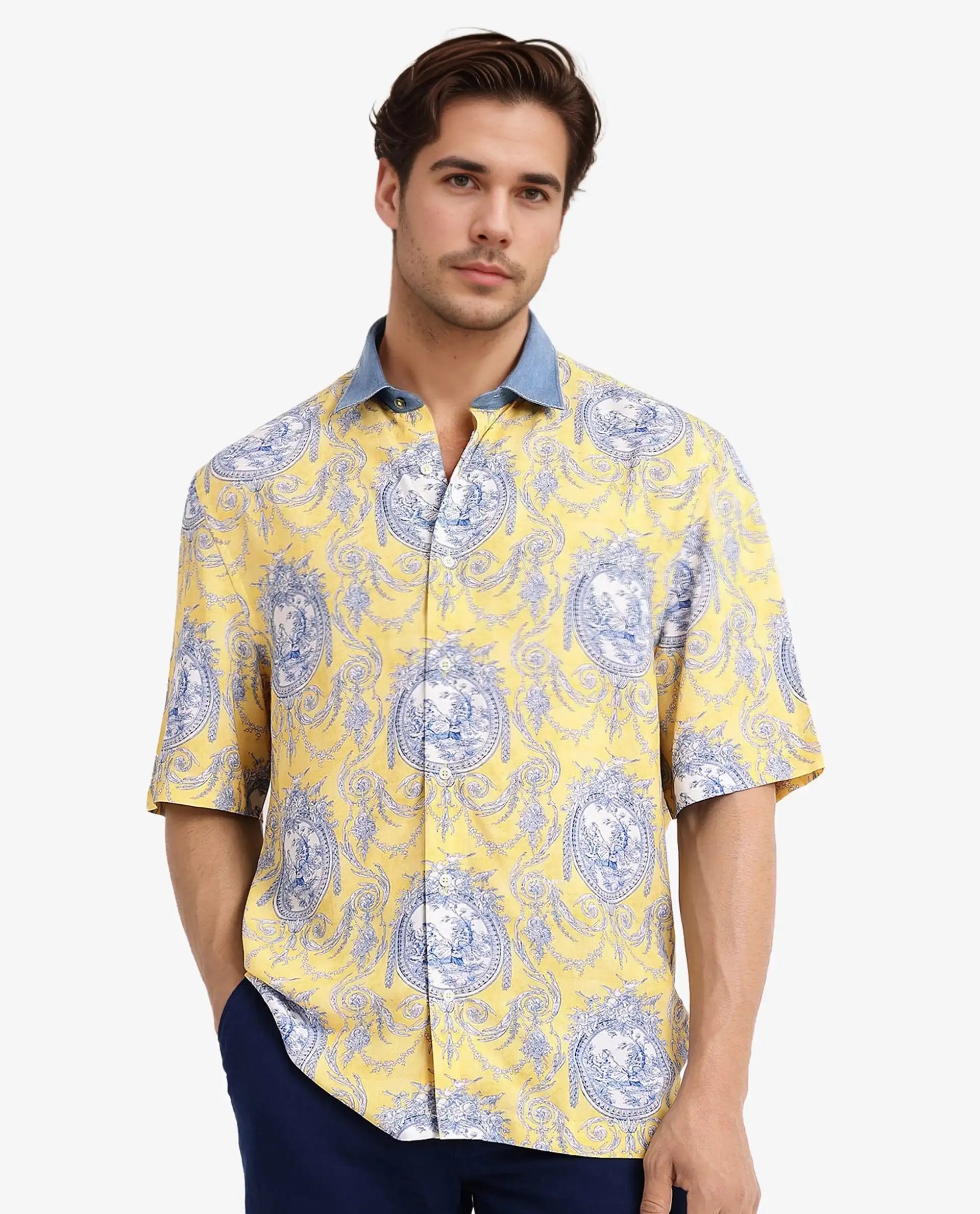 Rare Rabbit Men's Meridin Ss Yellow Viscose Decorative Print Boxy Fit Half Sleeve Collared Shirt
