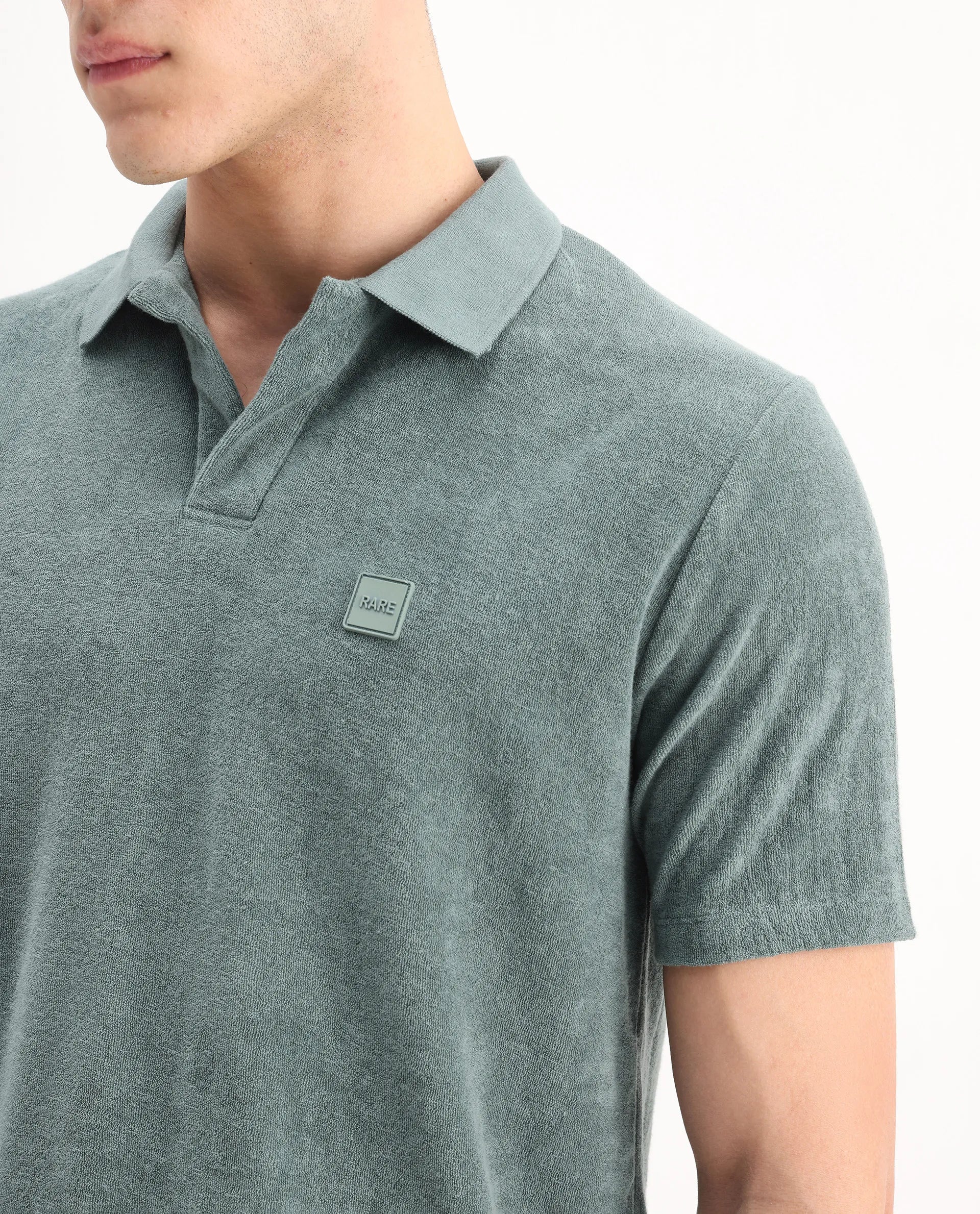 Rare Rabbit Men's Merk Dusky Green Cotton Textured Regular Fit Half Sleeve Polo