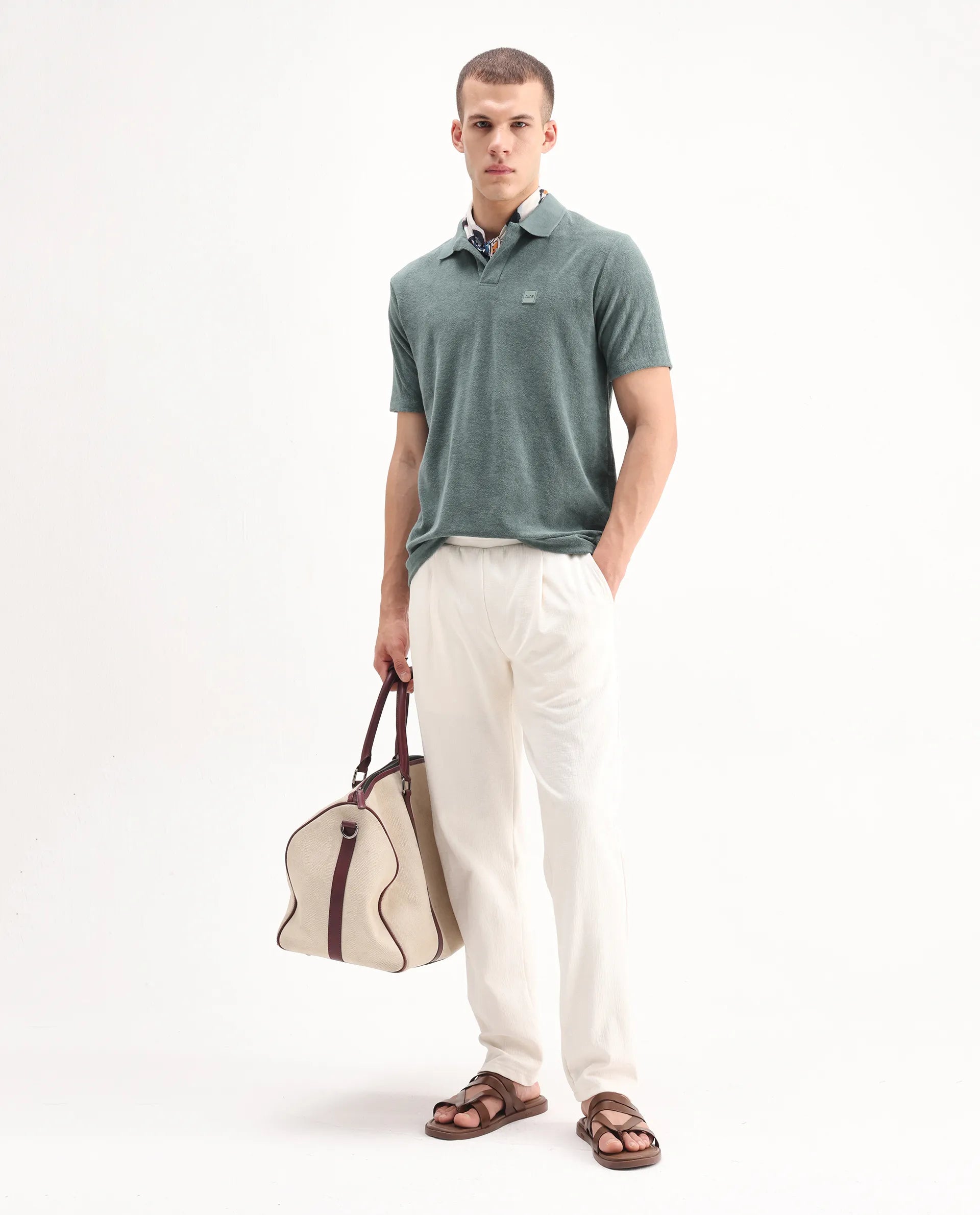 Rare Rabbit Men's Merk Dusky Green Cotton Textured Regular Fit Half Sleeve Polo