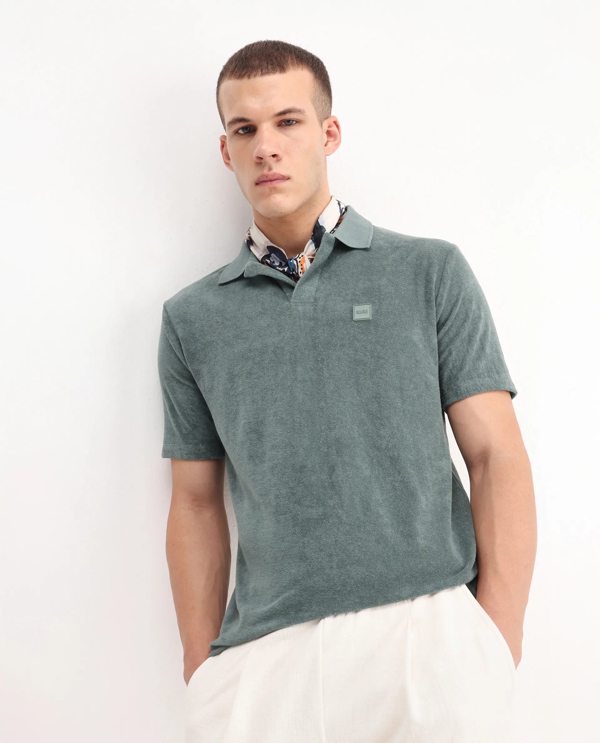 Rare Rabbit Men's Merk Dusky Green Cotton Textured Regular Fit Half Sleeve Polo