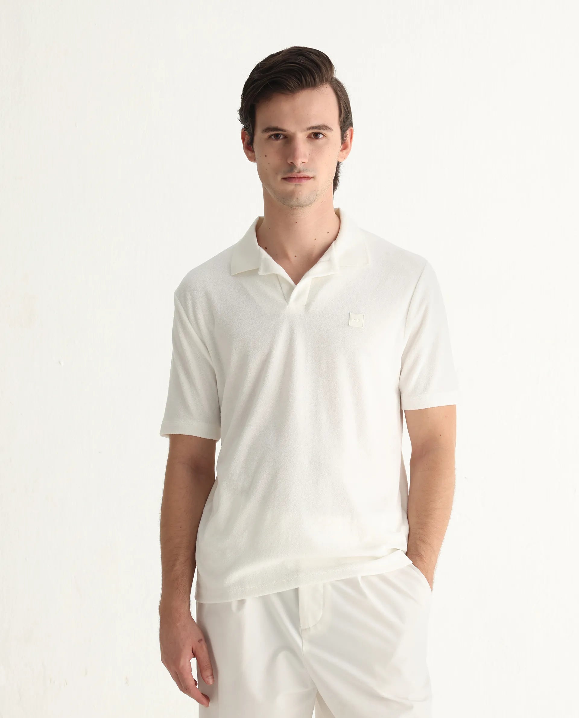 Rare Rabbit Men's Merk White Cotton Textured Regular Fit Half Sleeve Polo