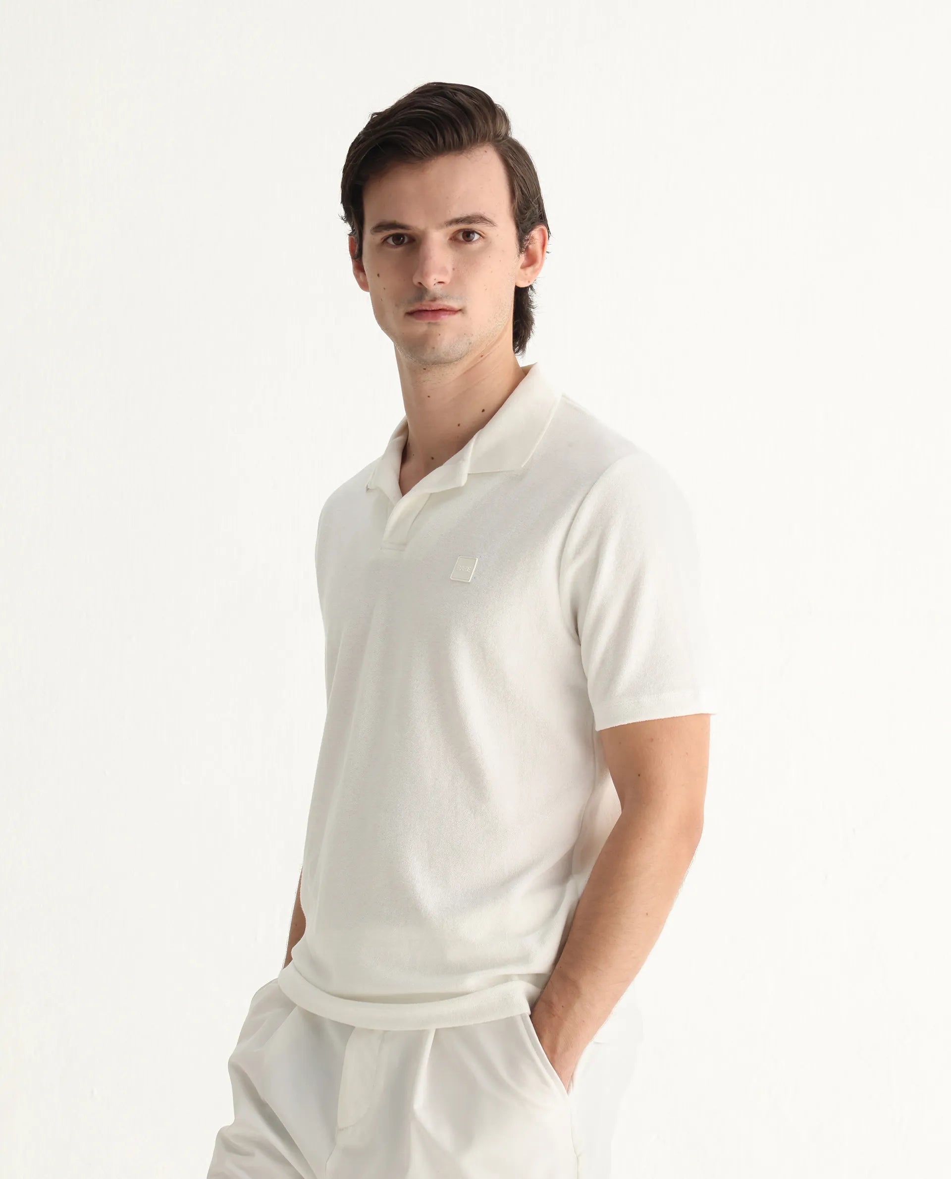 Rare Rabbit Men's Merk White Cotton Textured Regular Fit Half Sleeve Polo