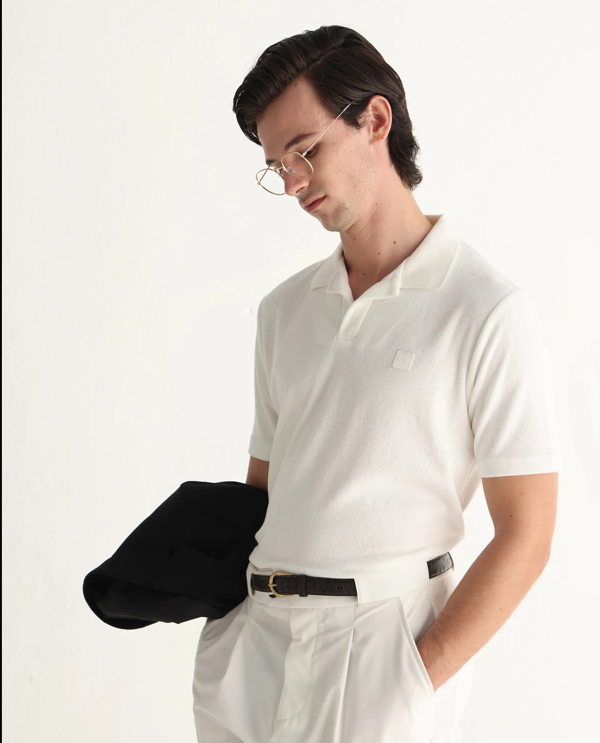 Rare Rabbit Men's Merk White Cotton Textured Regular Fit Half Sleeve Polo