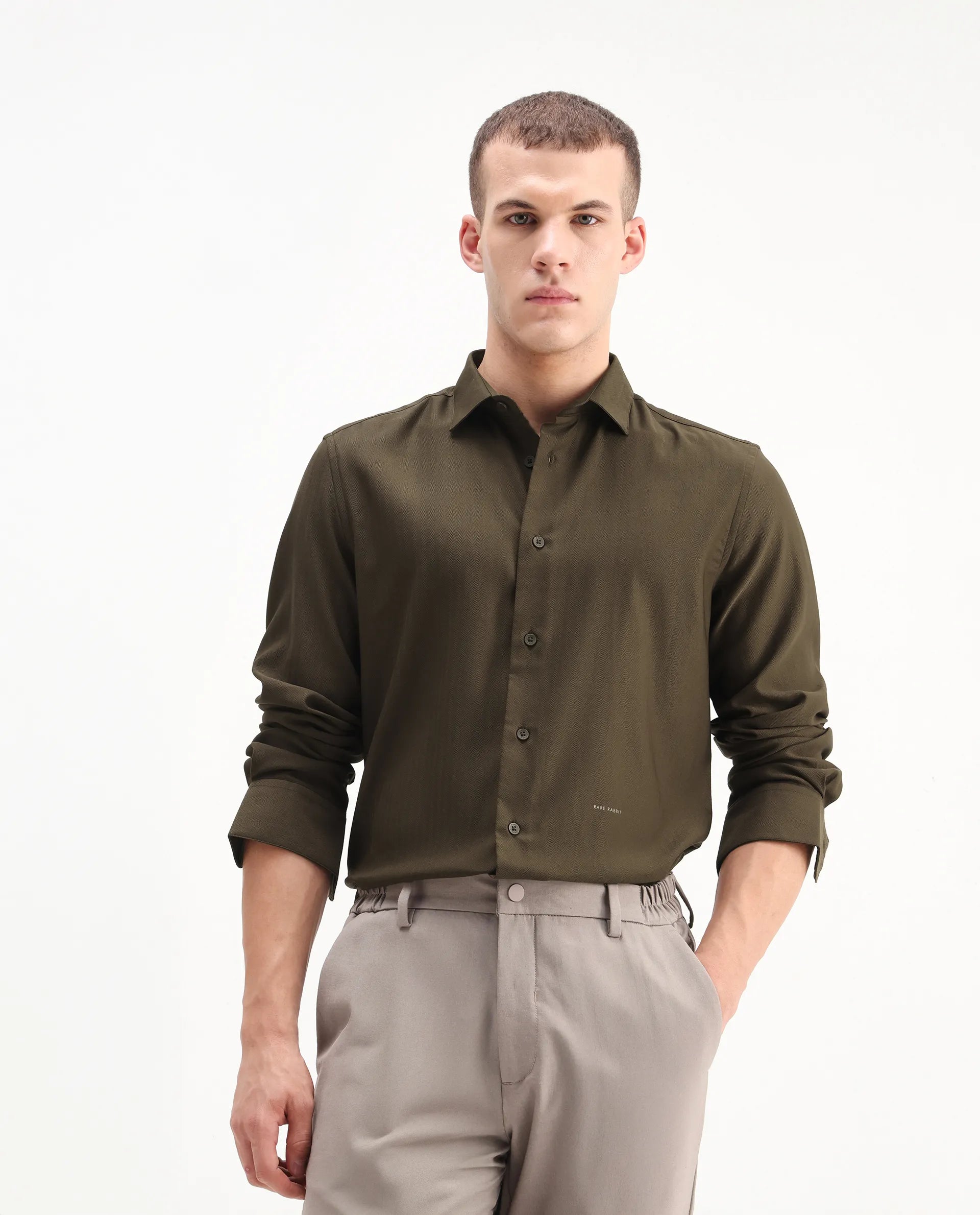 Rare Rabbit Men's Mero-25 Dark Olive Viscose Striped Print Regular Fit Full Sleeve Collared Shirt