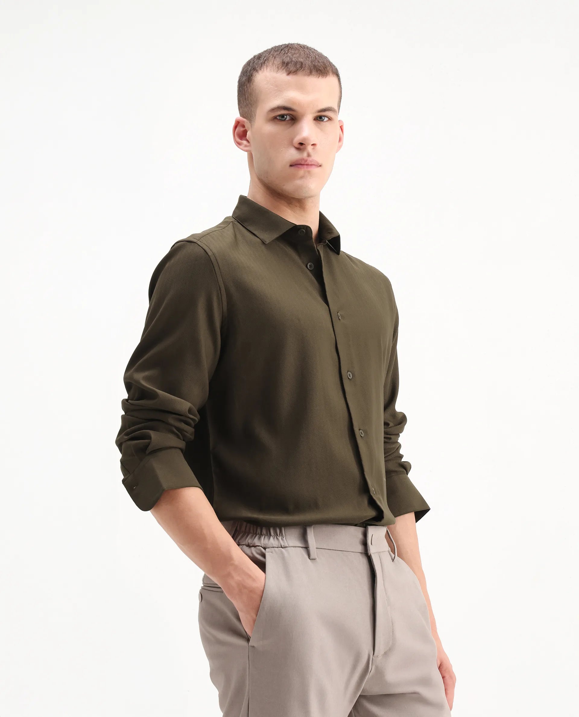 Rare Rabbit Men's Mero-25 Dark Olive Viscose Striped Print Regular Fit Full Sleeve Collared Shirt