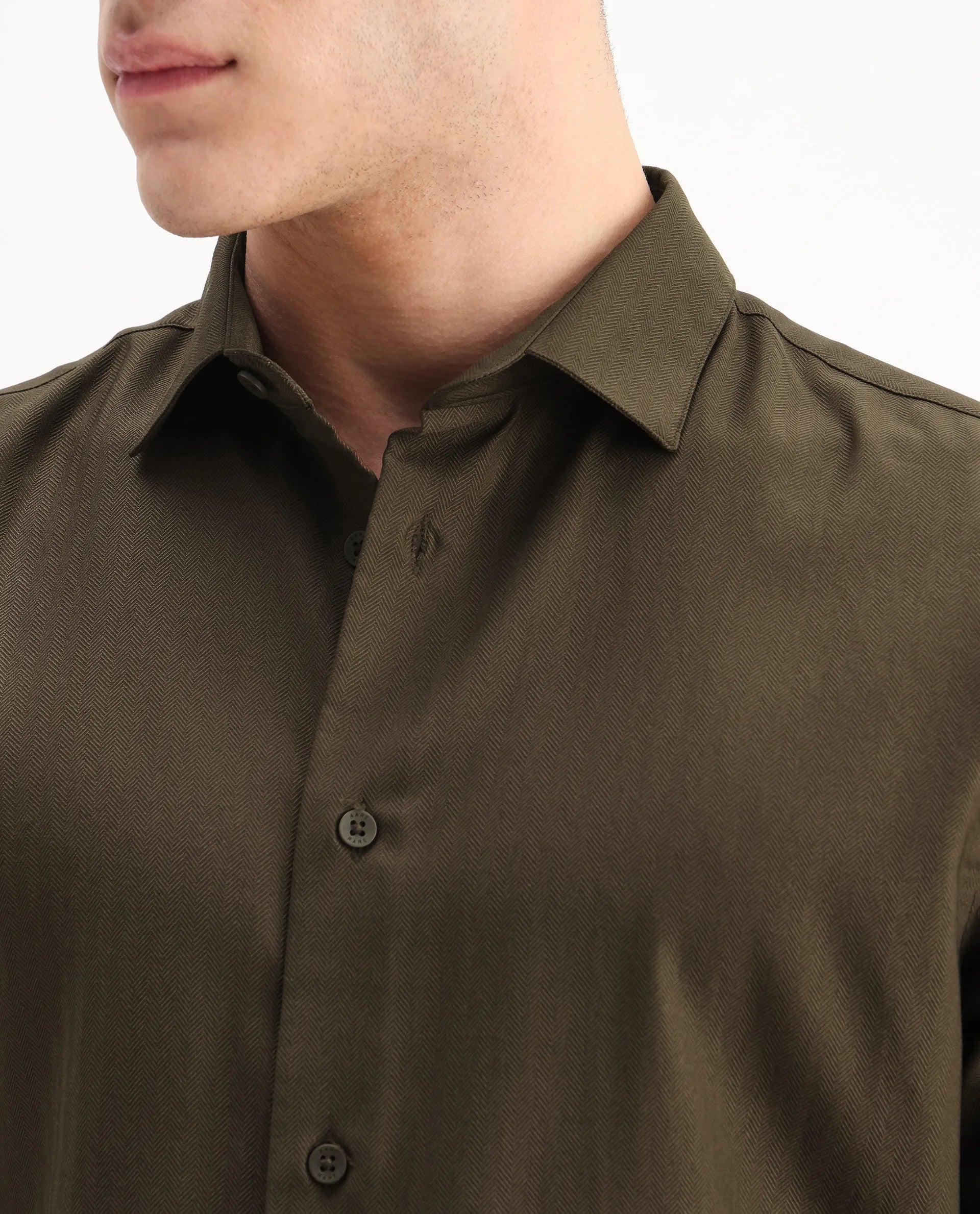 Rare Rabbit Men's Mero-25 Dark Olive Viscose Striped Print Regular Fit Full Sleeve Collared Shirt