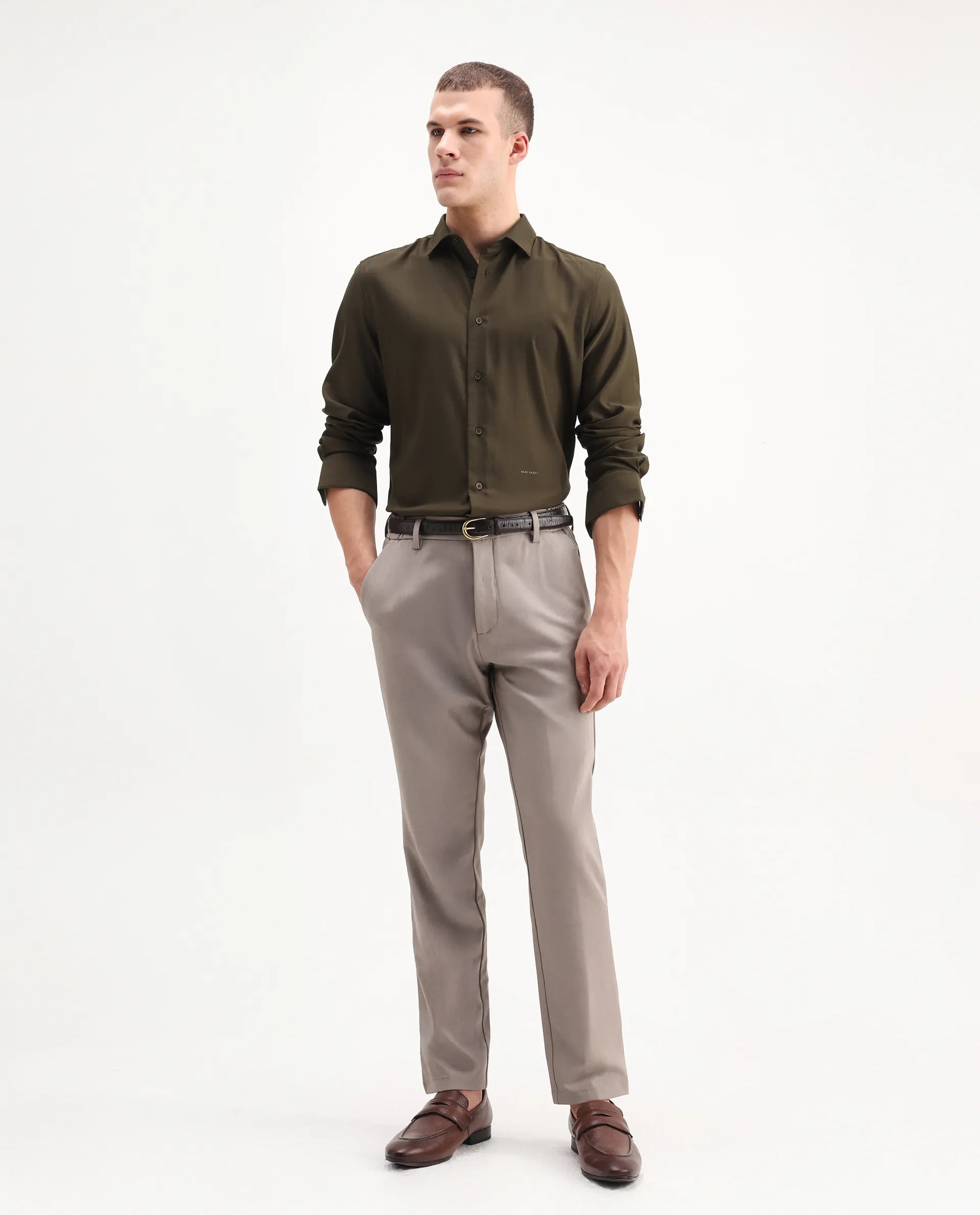 Rare Rabbit Men's Mero-25 Dark Olive Viscose Striped Print Regular Fit Full Sleeve Collared Shirt