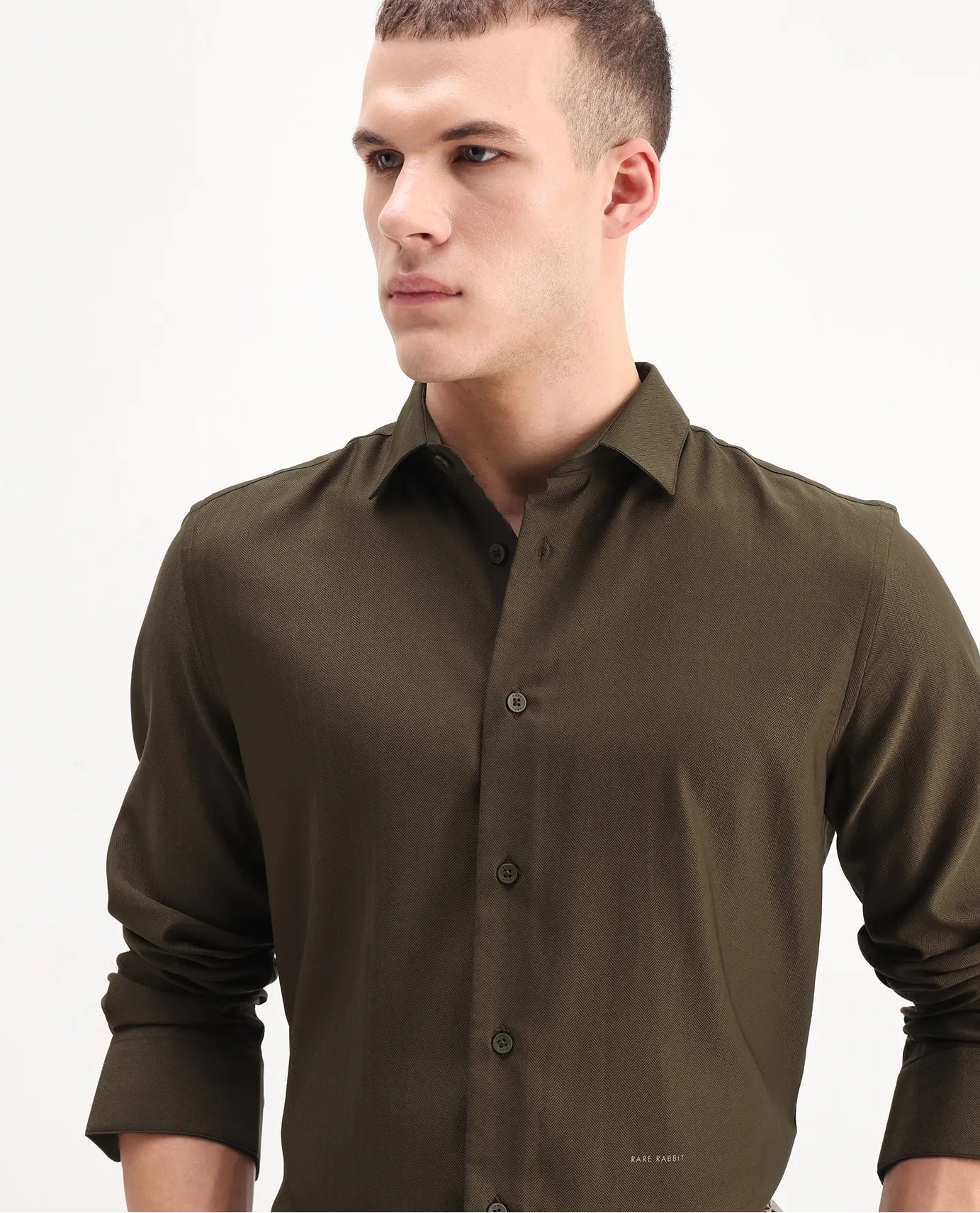 Rare Rabbit Men's Mero-25 Dark Olive Viscose Striped Print Regular Fit