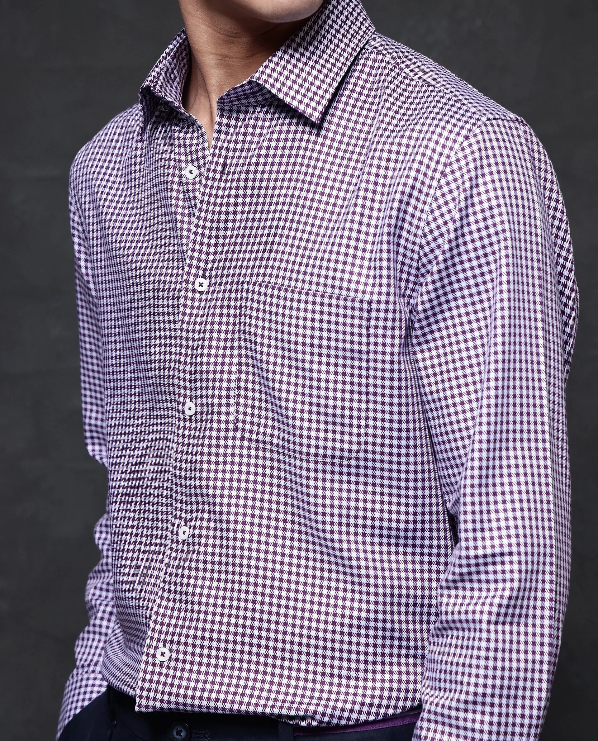 Rare Rabbit Men Mester Dark Purple Cotton Blend Fabric Full Sleeve Houndstooth Print Premium Business Regular Fit Shirt