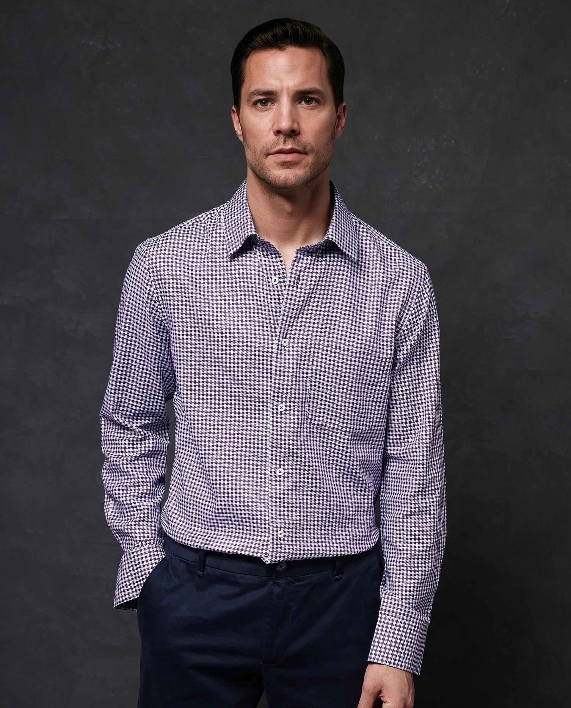 Rare Rabbit Men Mester Dark Purple Cotton Blend Fabric Full Sleeve Houndstooth Print Premium Business Regular Fit Shirt