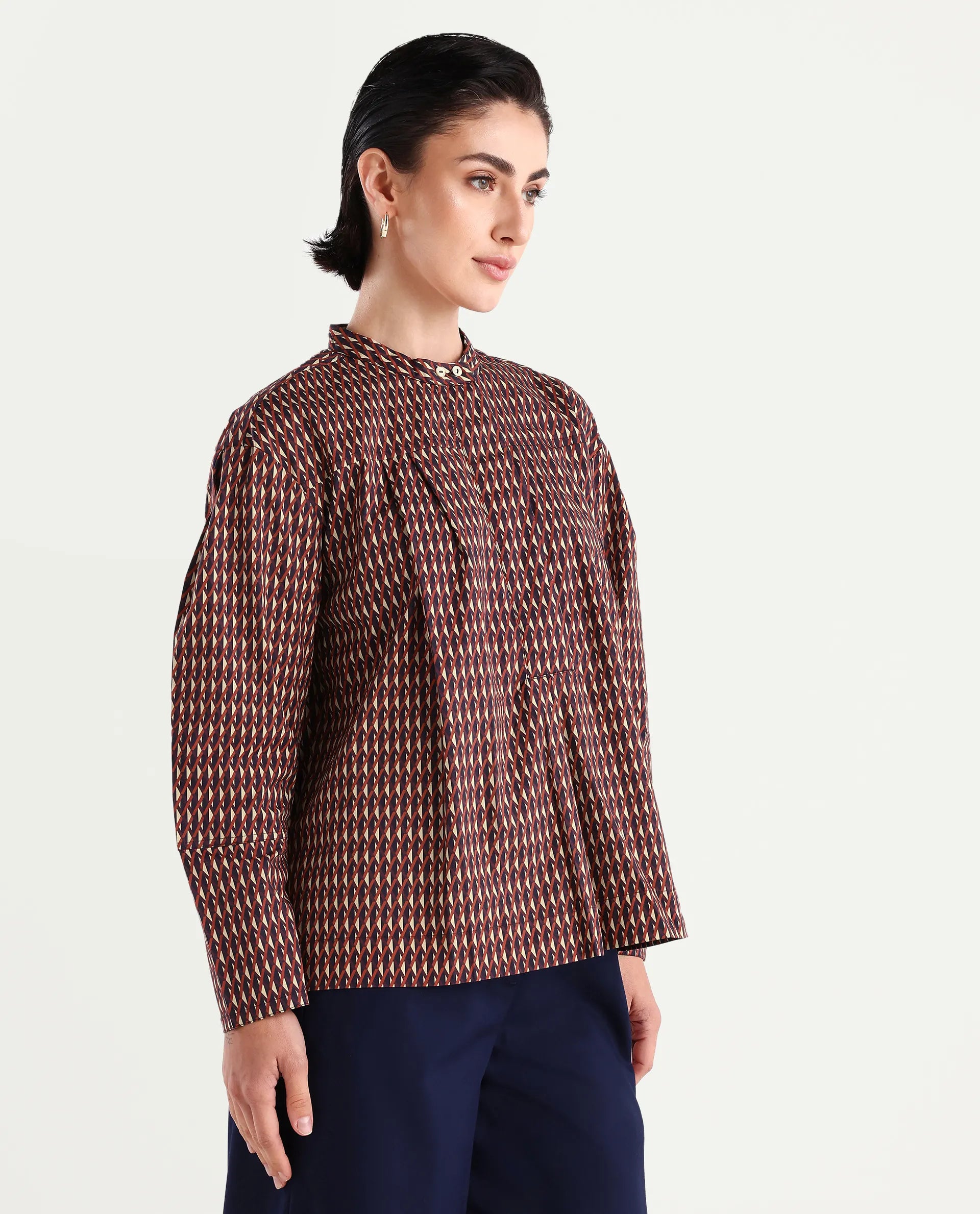 Rareism Women's Meteor Dark Multi Polyester Blend Mandarin Collar Geometric Print Relaxed Fit Top