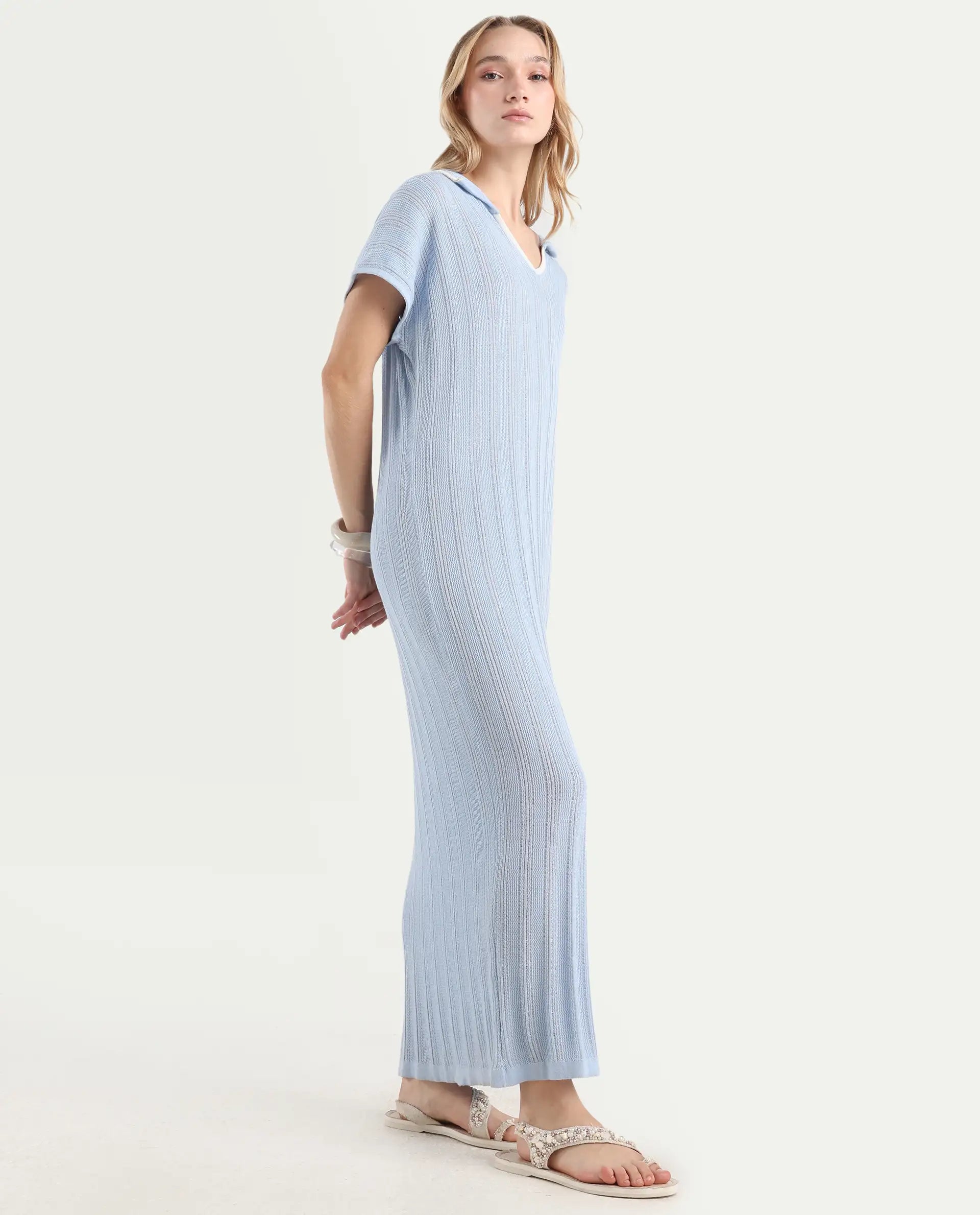 Rareism Women's Meyora Light Blue Cotton Johnny Collar Plain Extended Sleeves Maxi Bodycon Dress