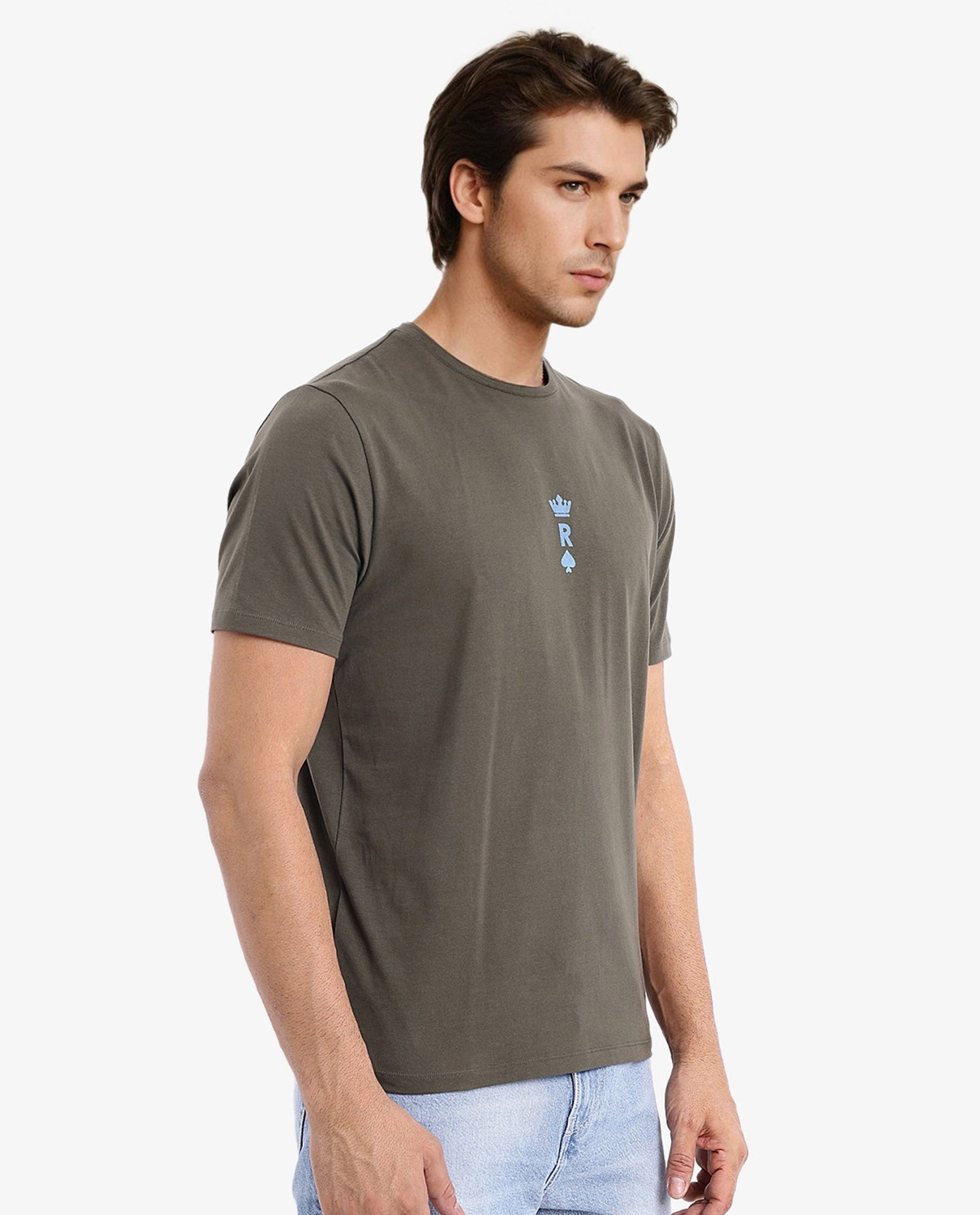 Rare Rabbit Men Miam Olive Cotton Lycra Fabric Short Sleeve Crew Neck Regular Fit Flock Printed Crown T-Shirt