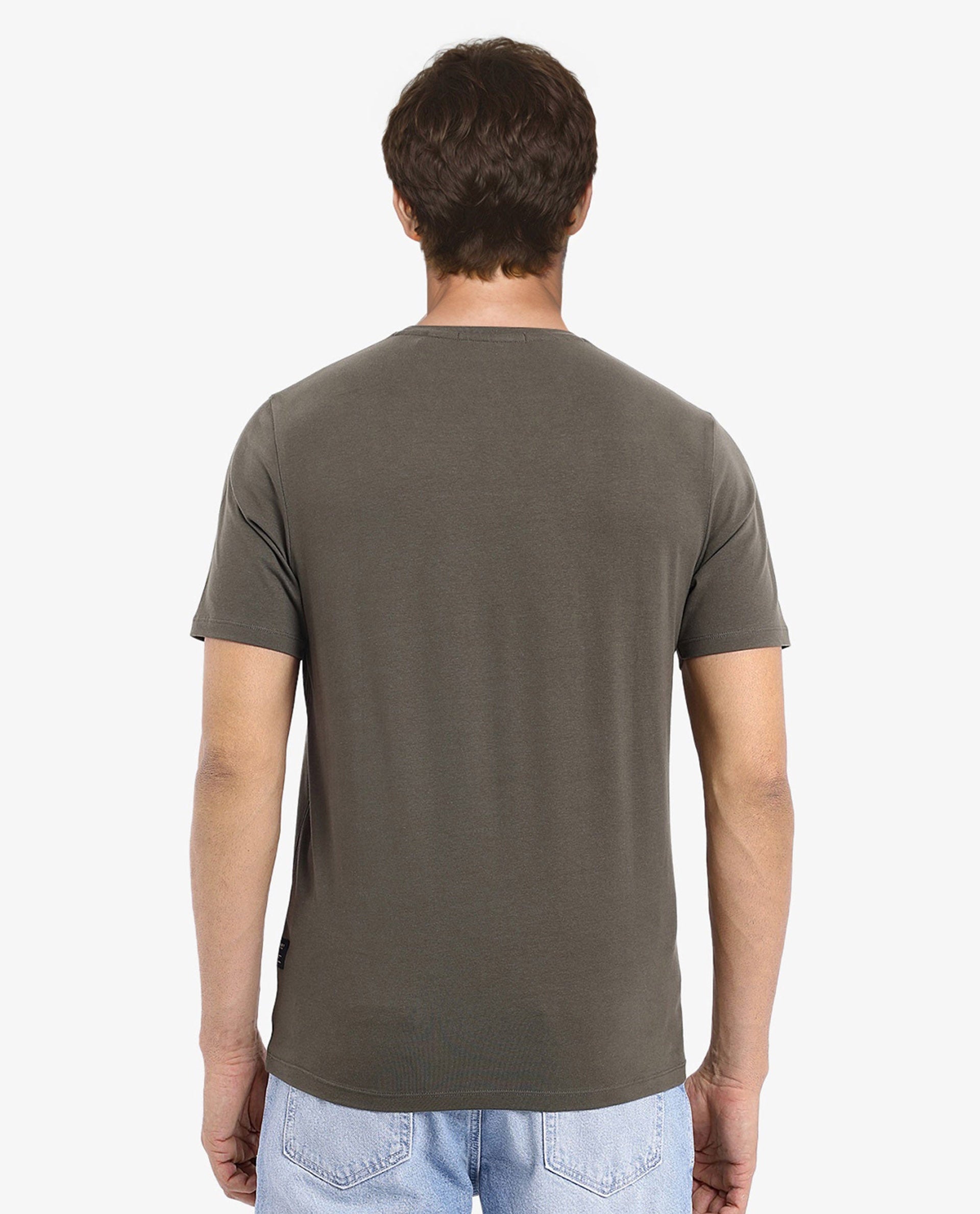 Rare Rabbit Men Miam Olive Cotton Lycra Fabric Short Sleeve Crew Neck Regular Fit Flock Printed Crown T-Shirt