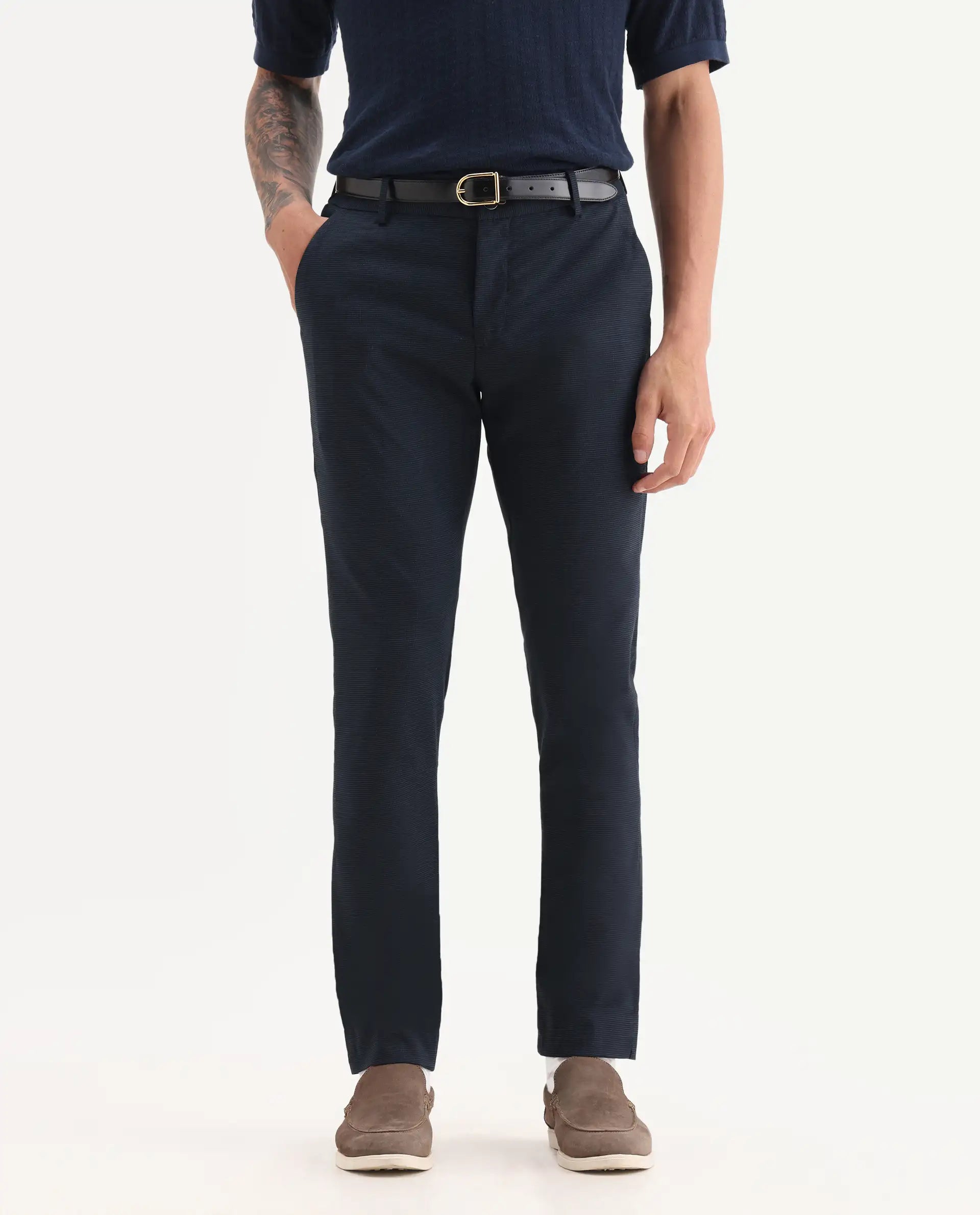 Rare Rabbit Men's Microl Navy Polyester Checked Print Regular Fit Trouser