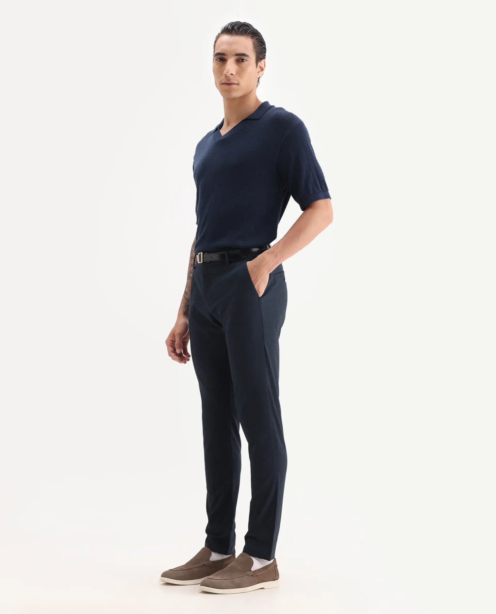 Rare Rabbit Men's Microl Navy Polyester Checked Print Regular Fit Trouser