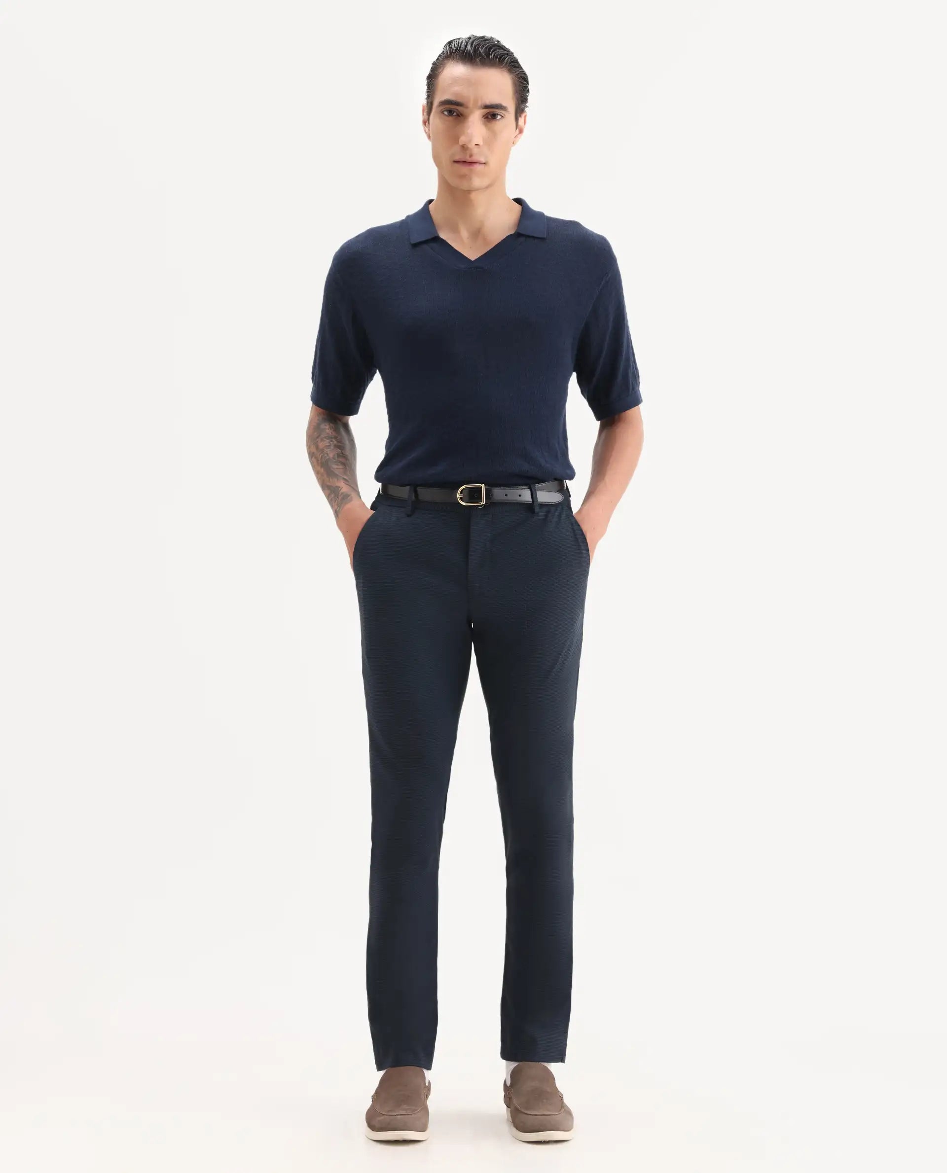 Rare Rabbit Men's Microl Navy Polyester Checked Print Regular Fit Trouser