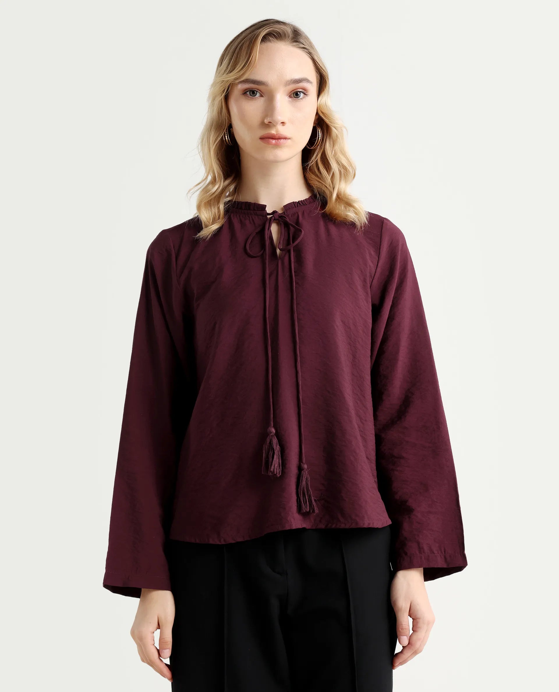Rareism Women's Mili Maroon Nylon Blend Sweetheart Neck Plain Ruffled Sleeve Regular Fit Top