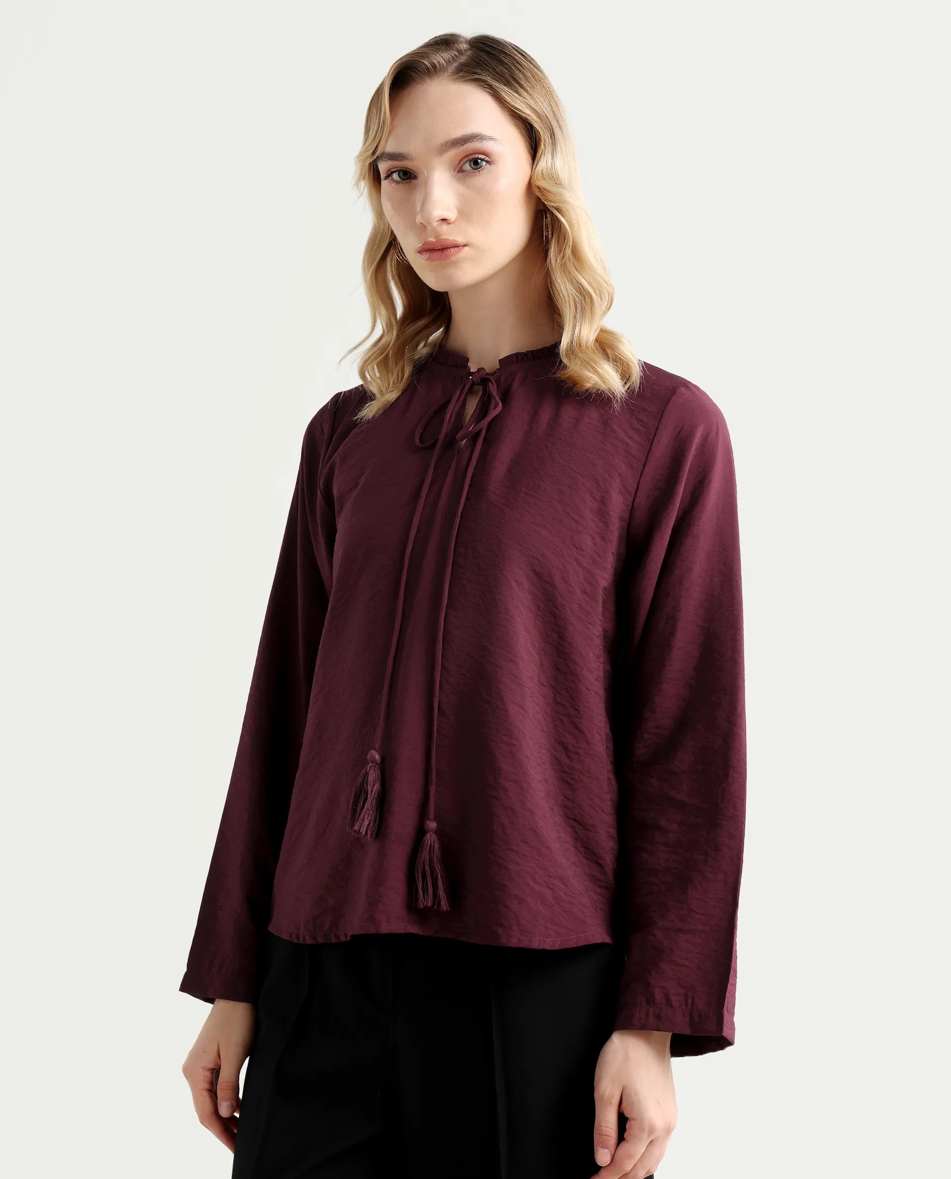 Rareism Women's Mili Maroon Nylon Blend Sweetheart Neck Plain Ruffled Sleeve Regular Fit Top