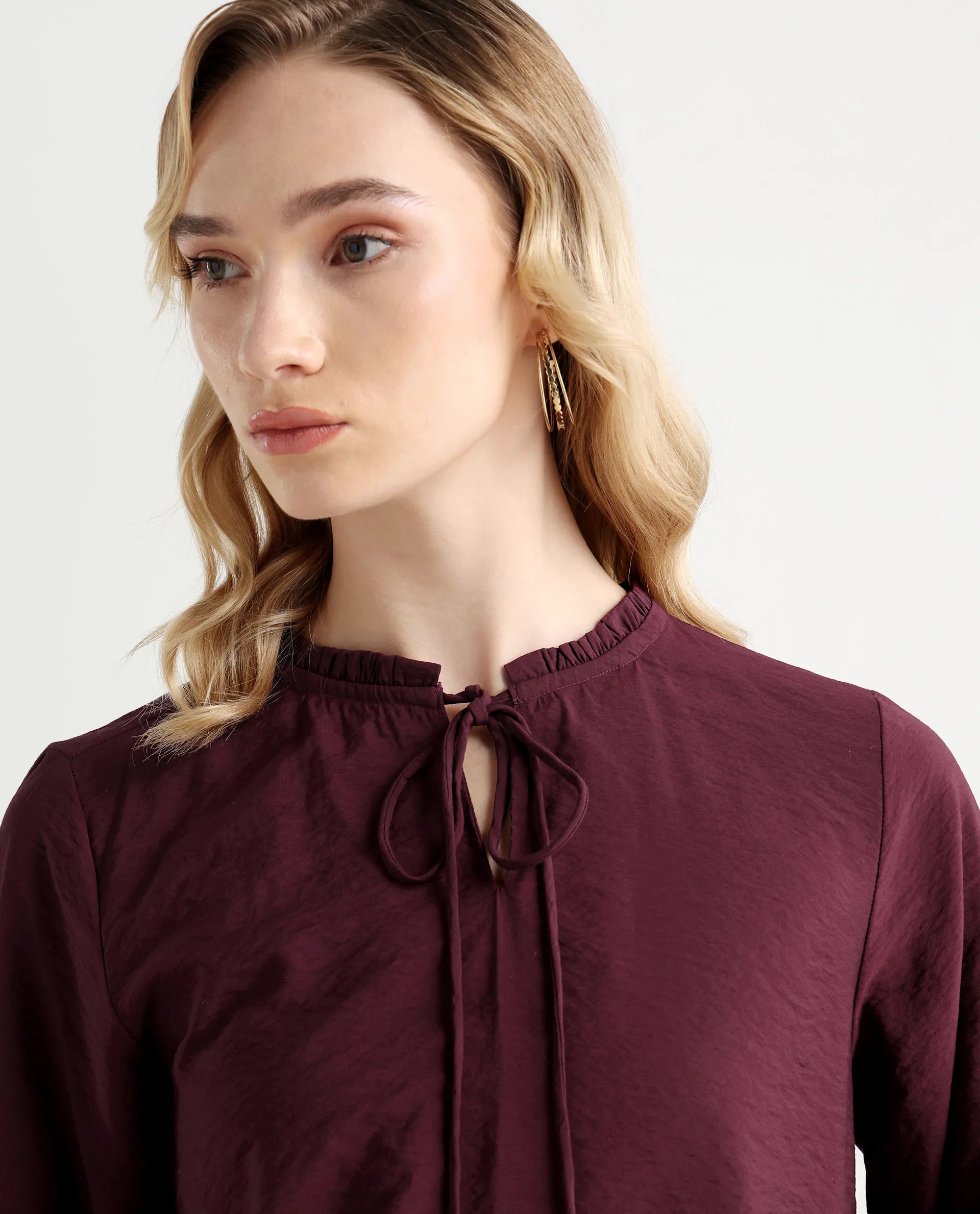 Rareism Women's Mili Maroon Nylon Blend Sweetheart Neck Plain Ruffled Sleeve Regular Fit Top