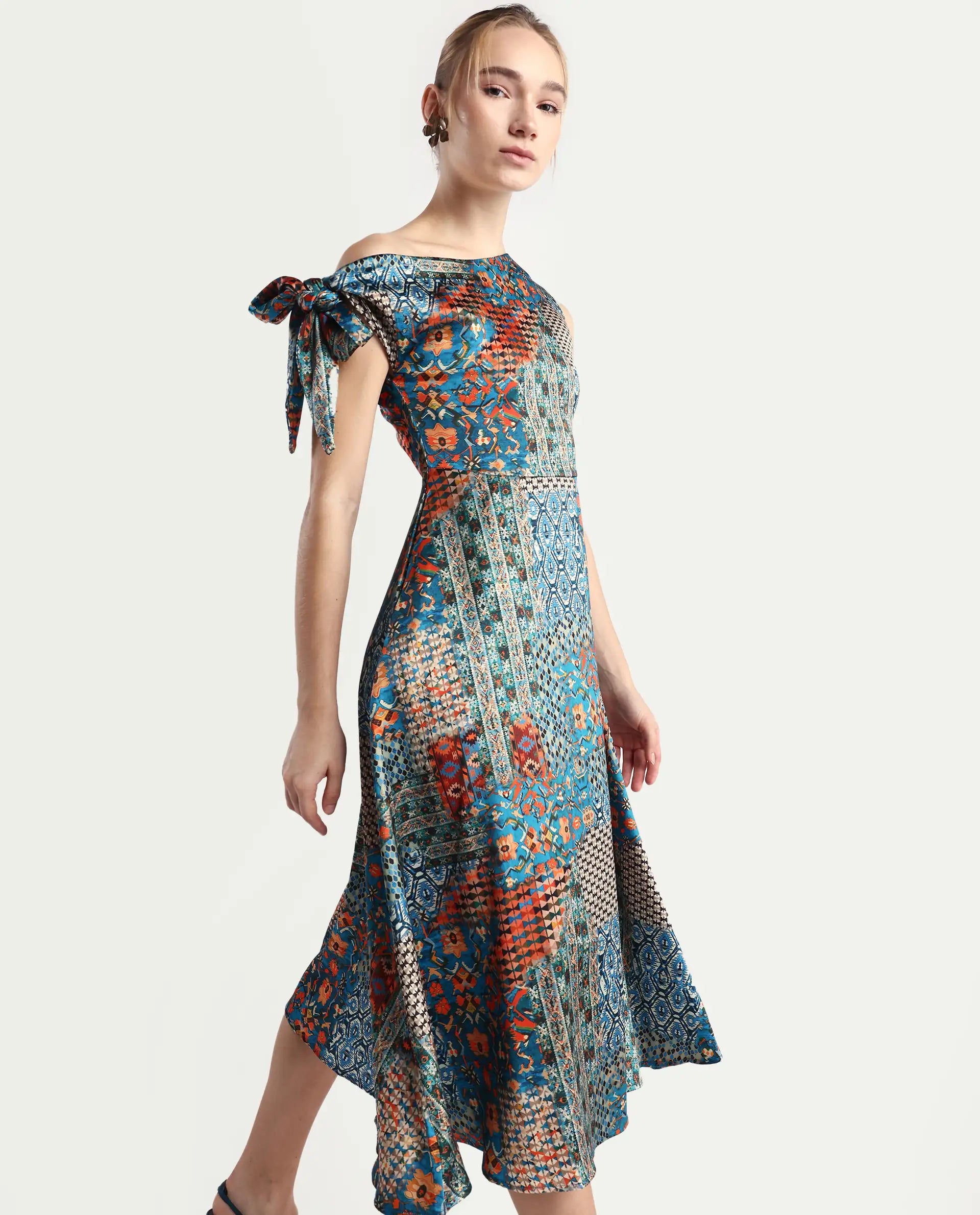 Rareism Women's Minican Multi Satin Asymmetric Neck Abstract Print Tie Up Sleeve Midi Asymmetric Dress