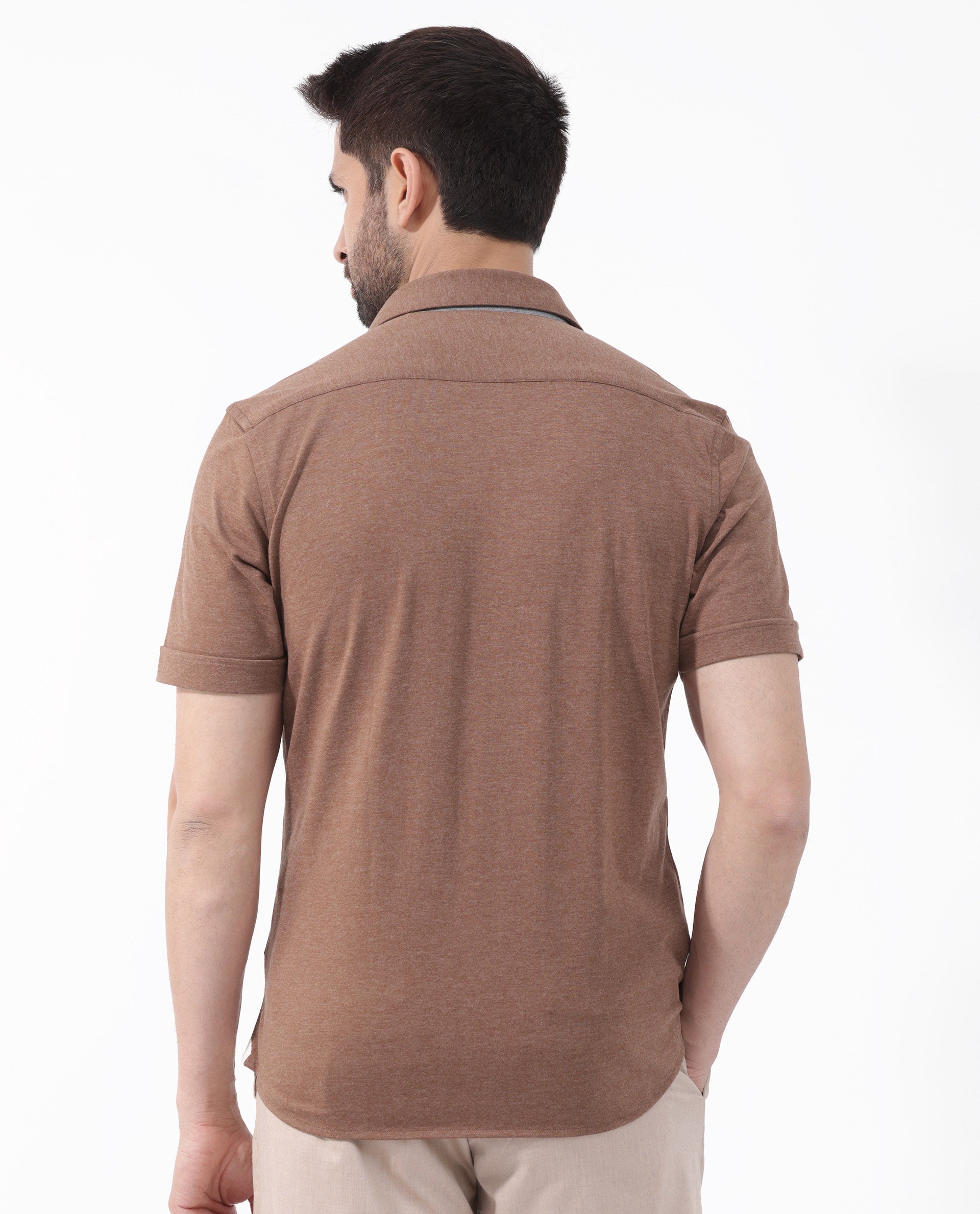 Rare Rabbit Men's Miraje Brown Cotton Fabric Half Sleeves Solid Melange Shirt