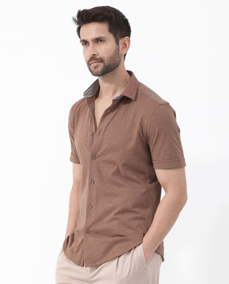 Rare Rabbit Men's Miraje Brown Cotton Fabric Half Sleeves Solid Melange Shirt