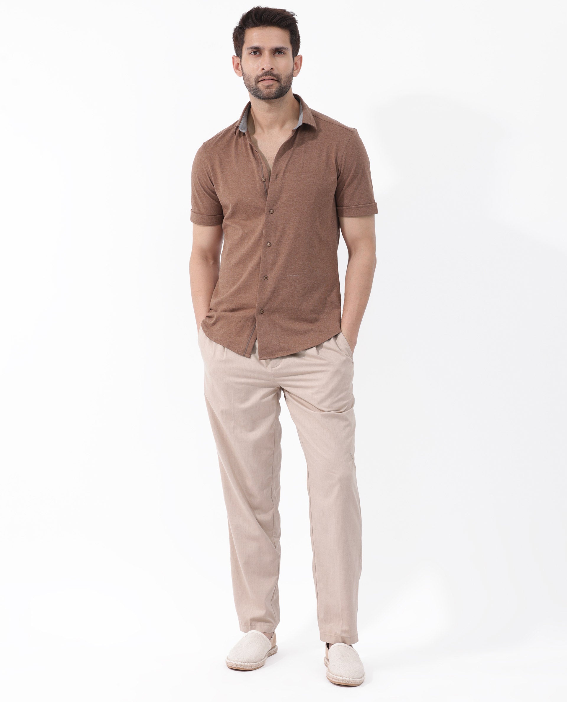 Rare Rabbit Men's Miraje Brown Cotton Fabric Half Sleeves Solid Melange Shirt