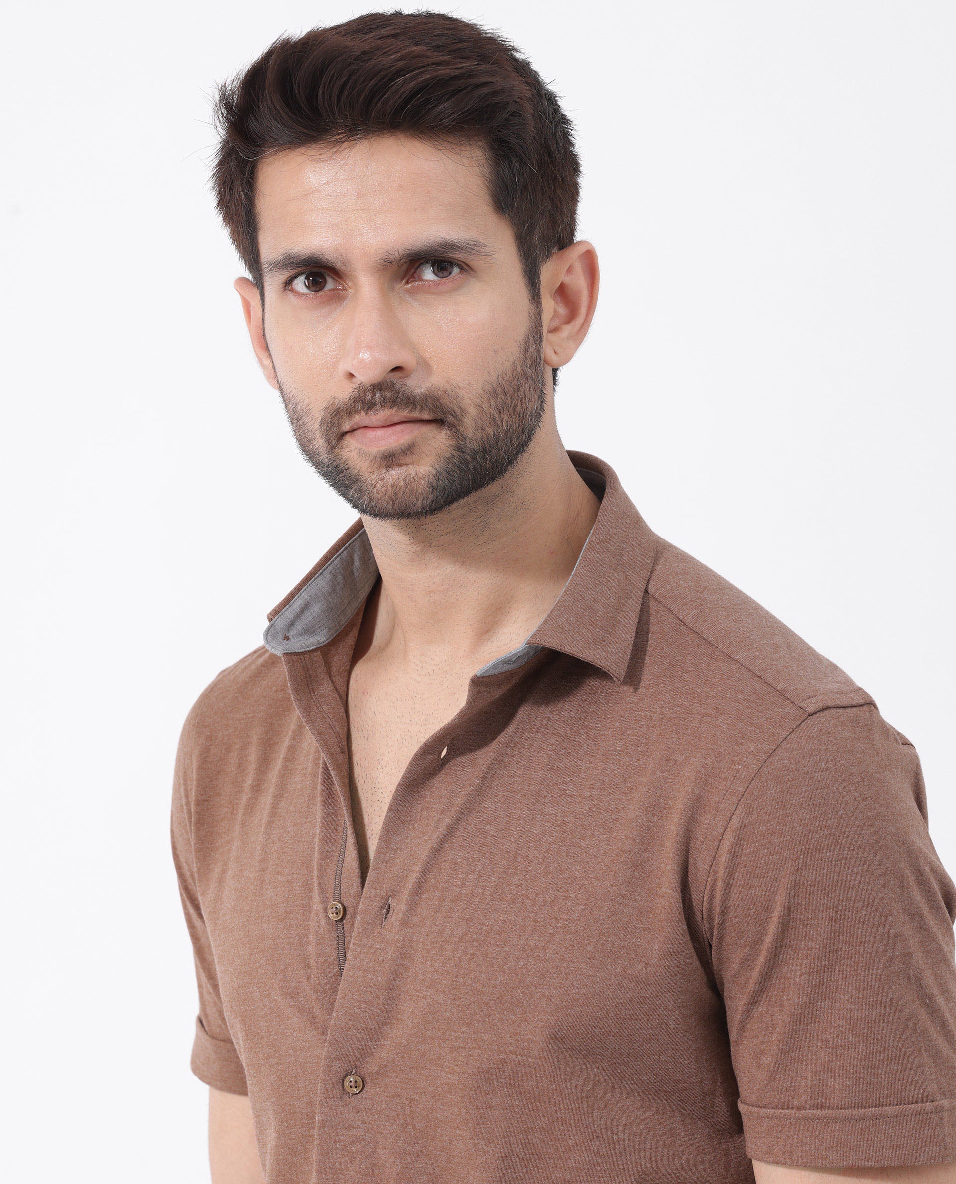 Rare Rabbit Men's Miraje Brown Cotton Fabric Half Sleeves Solid Melange Shirt