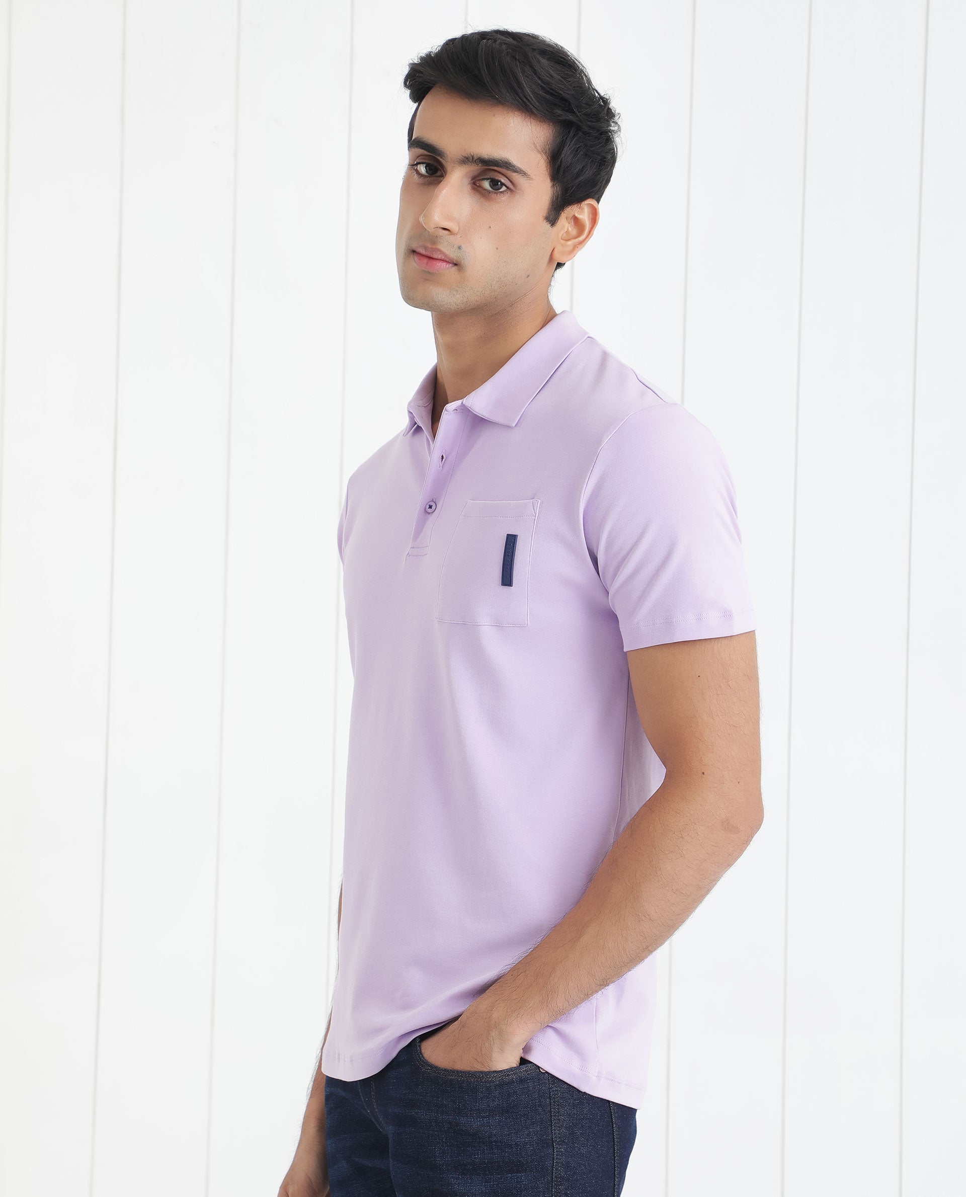 Rare Rabbit Men's Mirim Pastel Purple Cotton Fabric Collared Neck Half Sleeves Polo T-Shirt