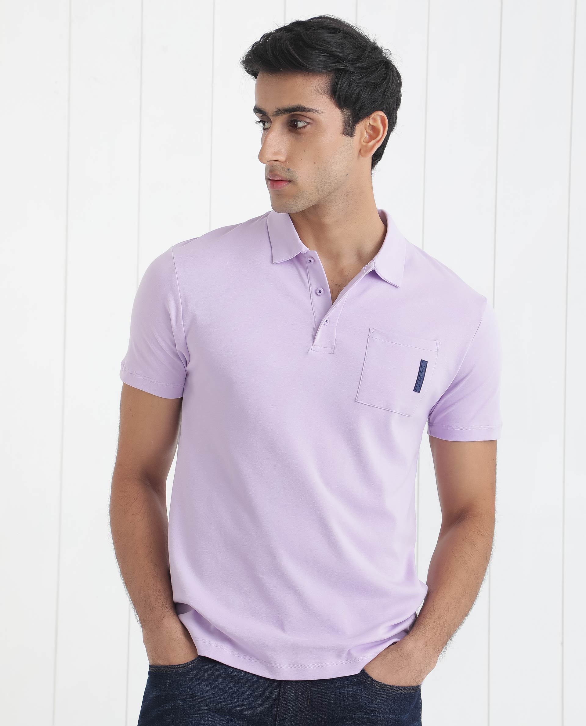 Rare Rabbit Men's Mirim Pastel Purple Cotton Fabric Collared Neck Half Sleeves Polo T-Shirt