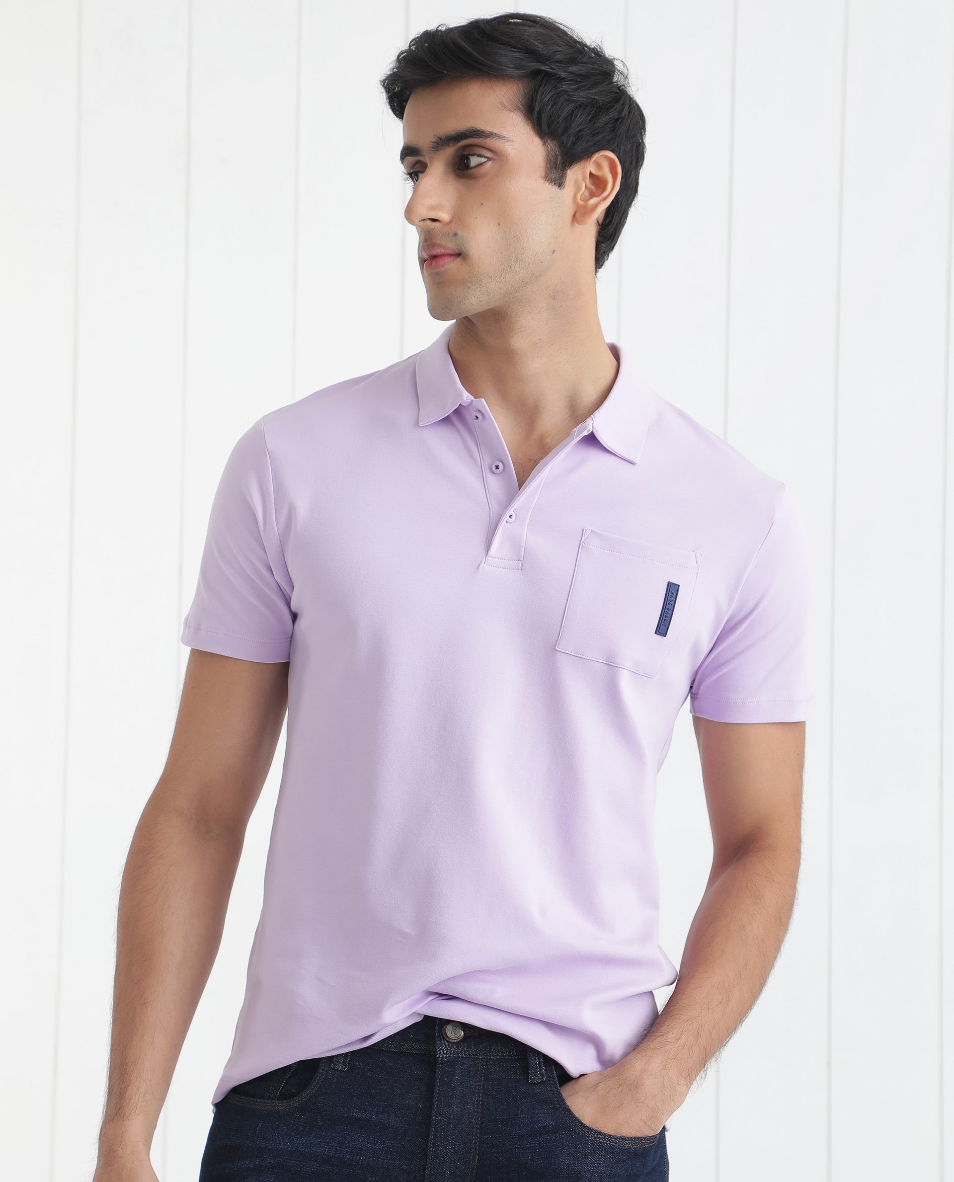 Rare Rabbit Men's Mirim Pastel Purple Cotton Fabric Collared Neck Half Sleeves Polo T-Shirt