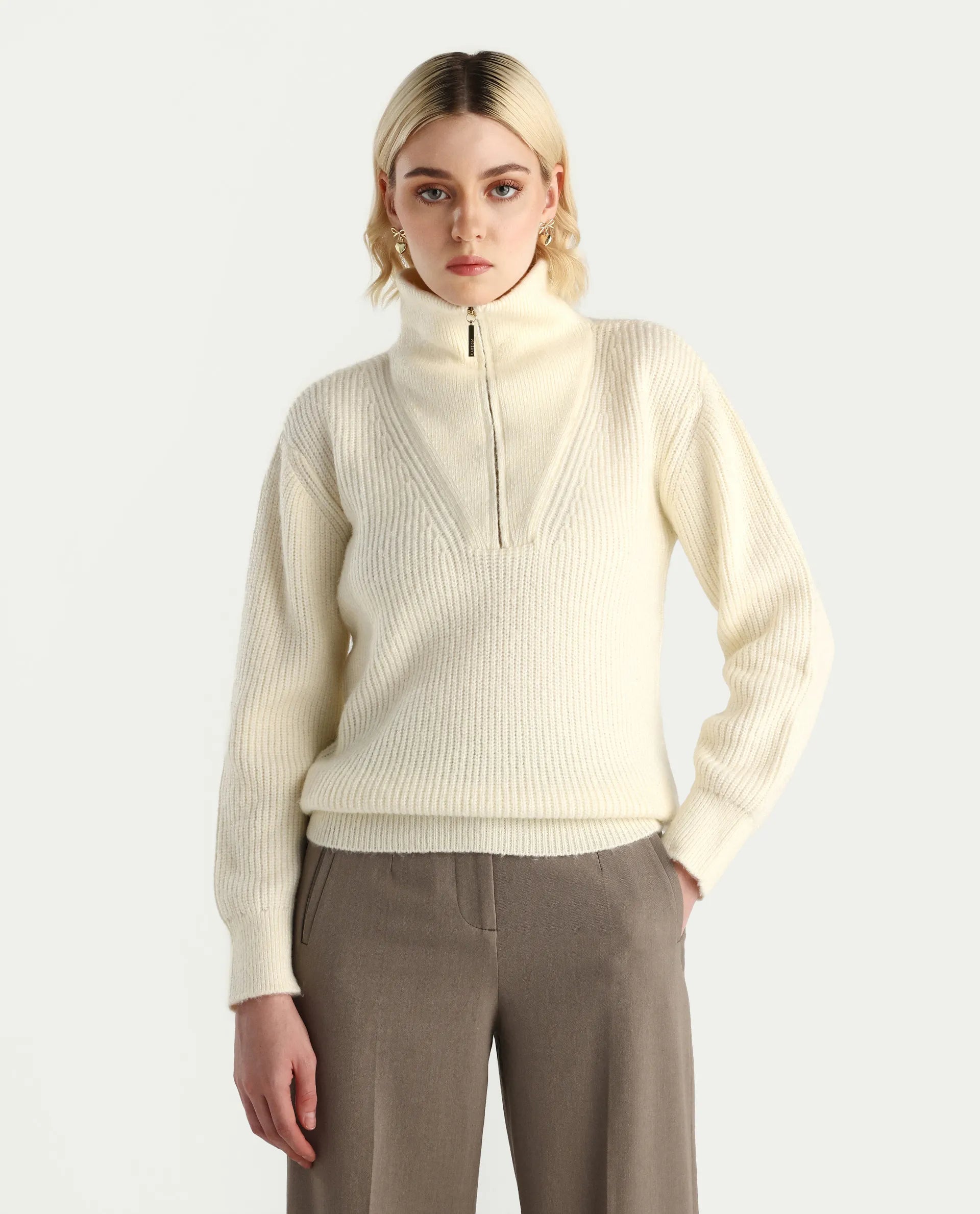 Rareism Women's Miris Off White Acrylic Blend High Neck Relaxed Fit Sweater