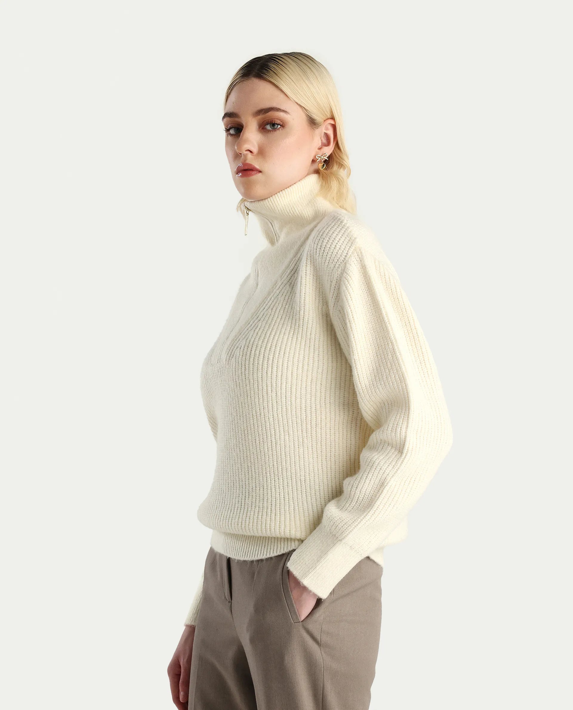 Rareism Women's Miris Off White Acrylic Blend High Neck Relaxed Fit Sweater