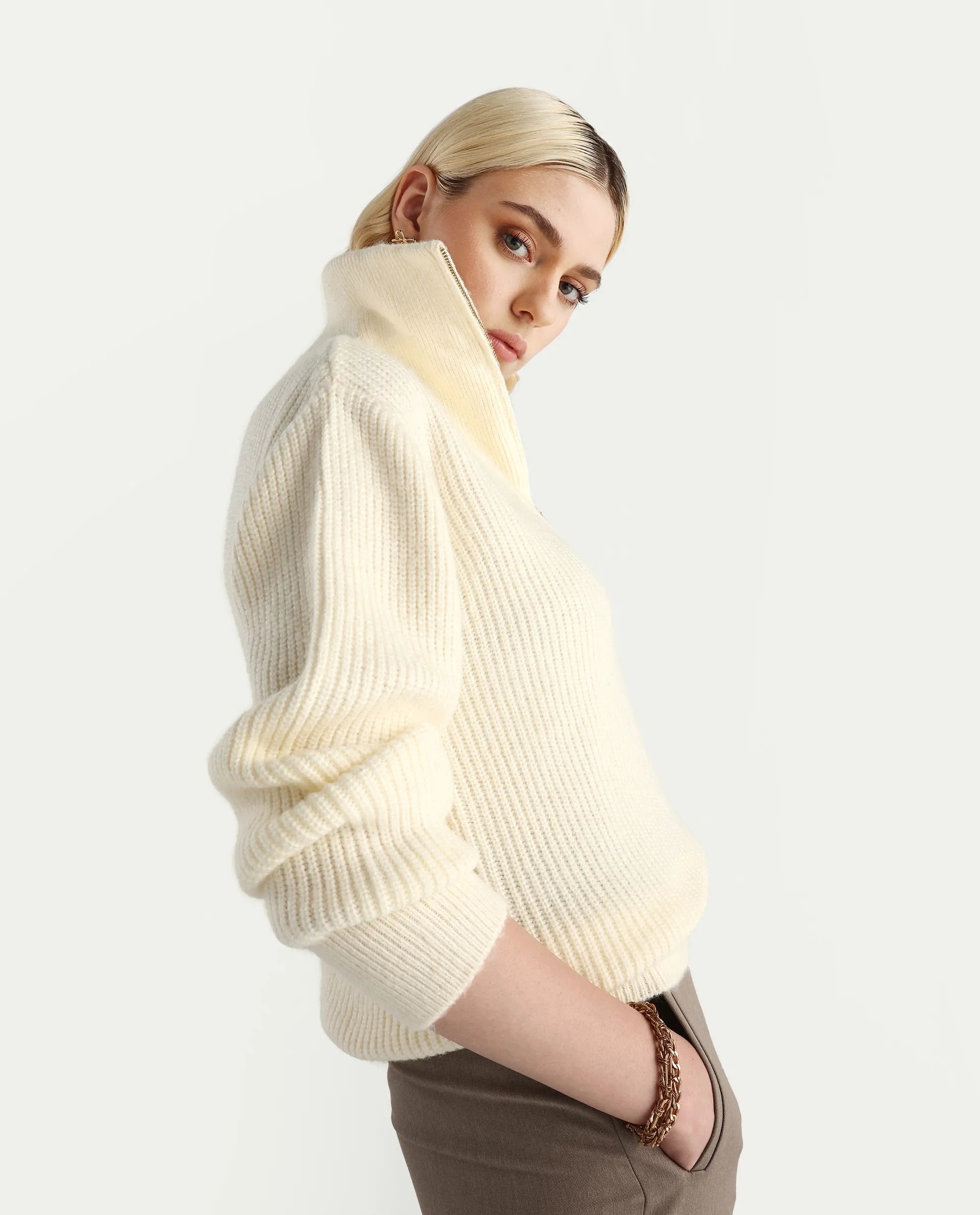 Rareism Women's Miris Off White Acrylic Blend High Neck Relaxed Fit Sweater