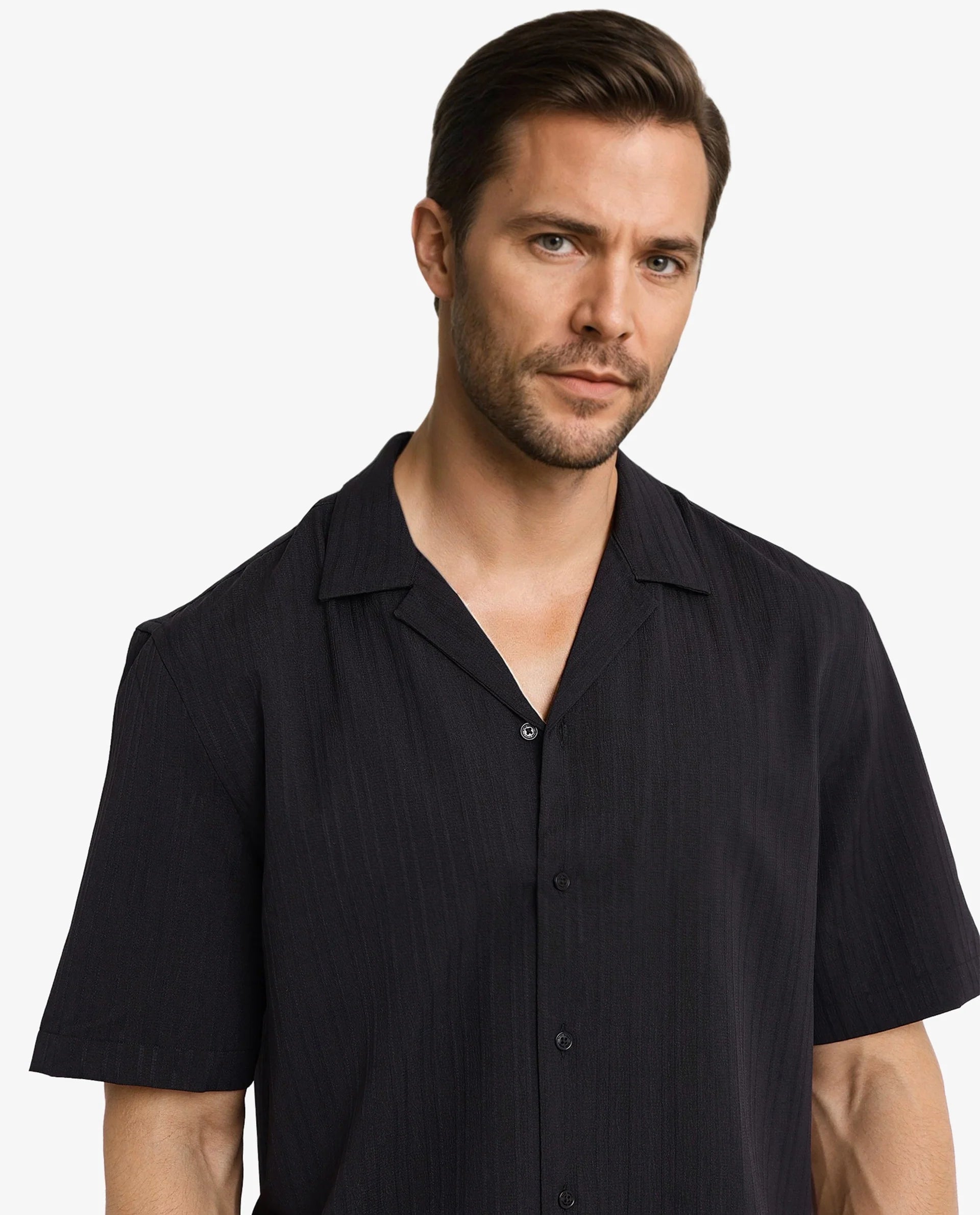 Rare Rabbit Men's Mirtilo Black Polyester Fabric Short Sleeve Cuban Collar Self Stripe Textured Shirt