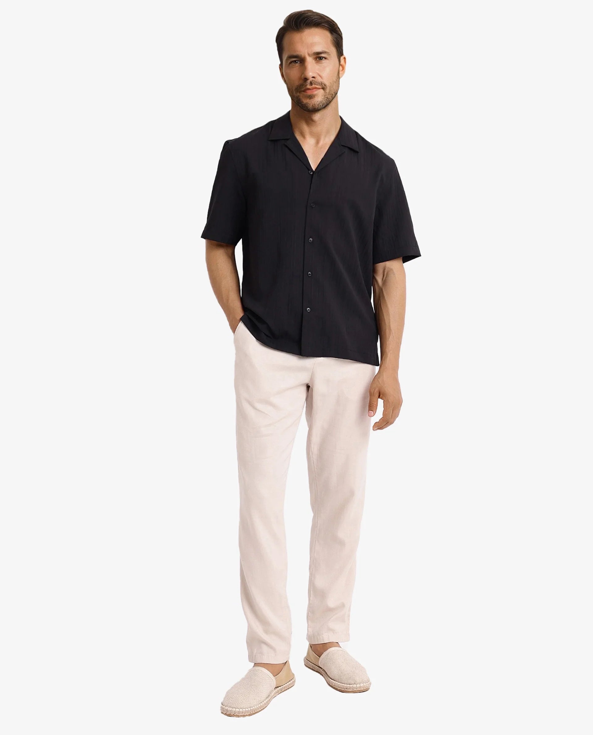 Rare Rabbit Men's Mirtilo Black Polyester Fabric Short Sleeve Cuban Collar Self Stripe Textured Shirt