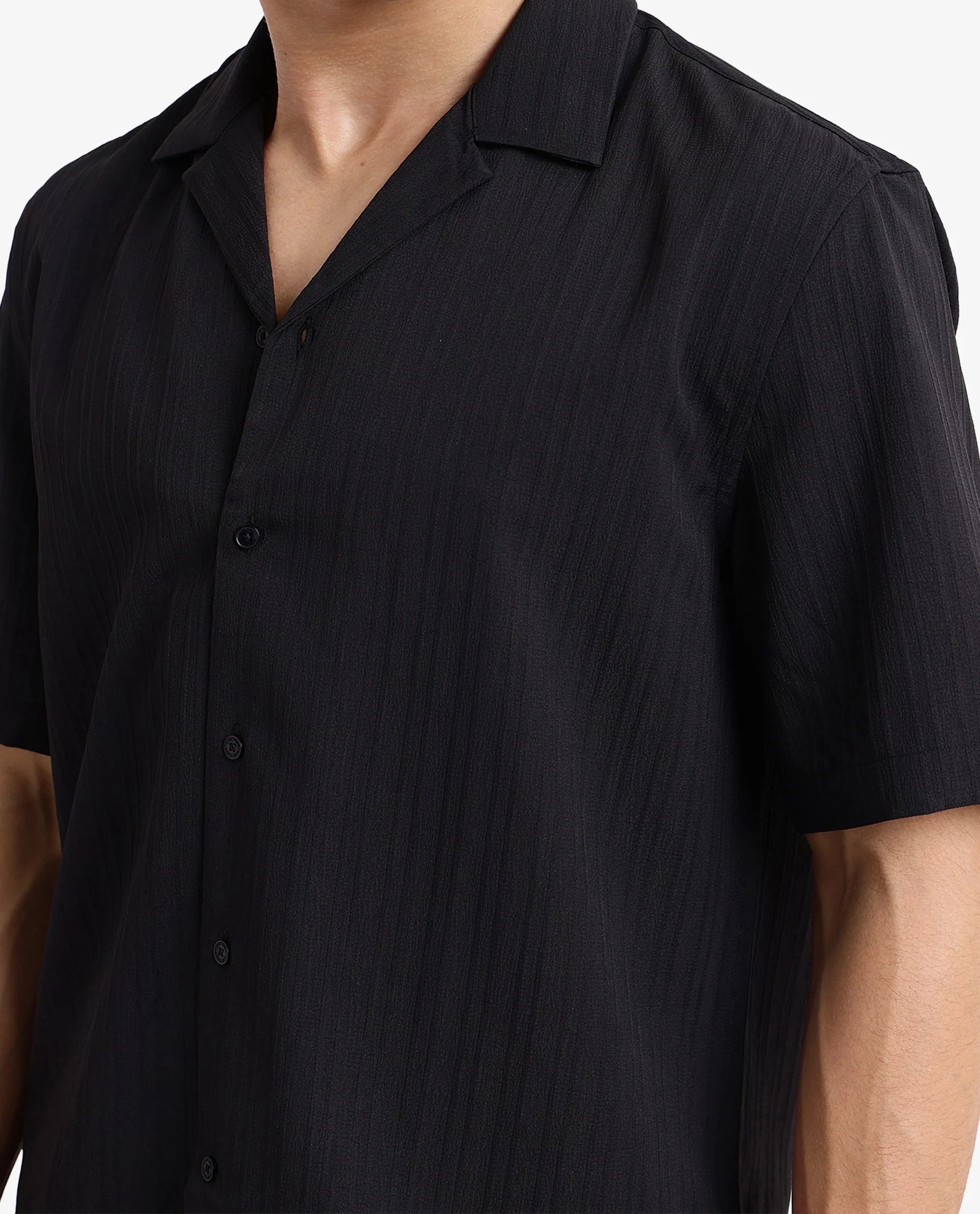 Rare Rabbit Men's Mirtilo Black Polyester Fabric Short Sleeve Cuban Collar Self Stripe Textured Shirt