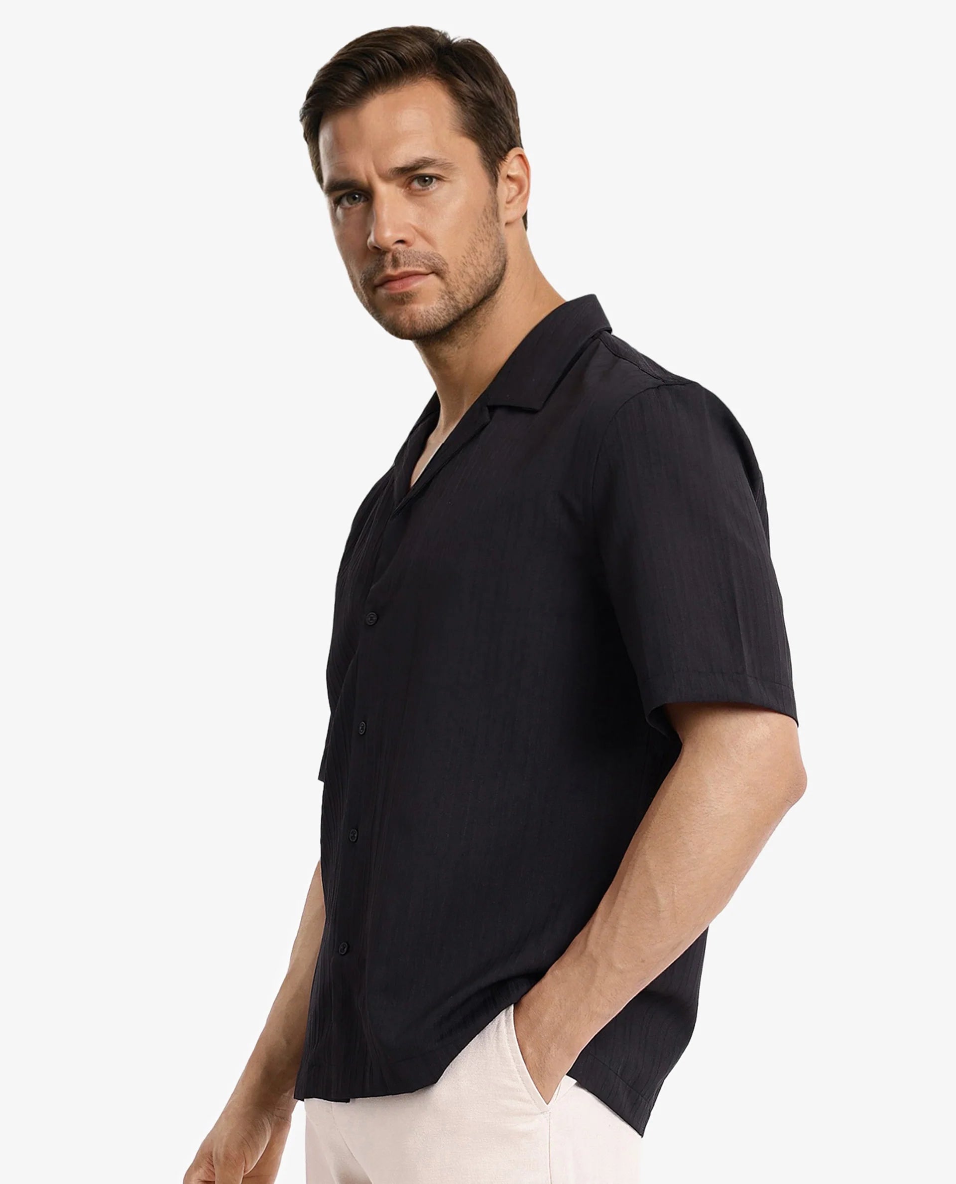 Rare Rabbit Men's Mirtilo Black Polyester Fabric Short Sleeve Cuban Collar Self Stripe Textured Shirt