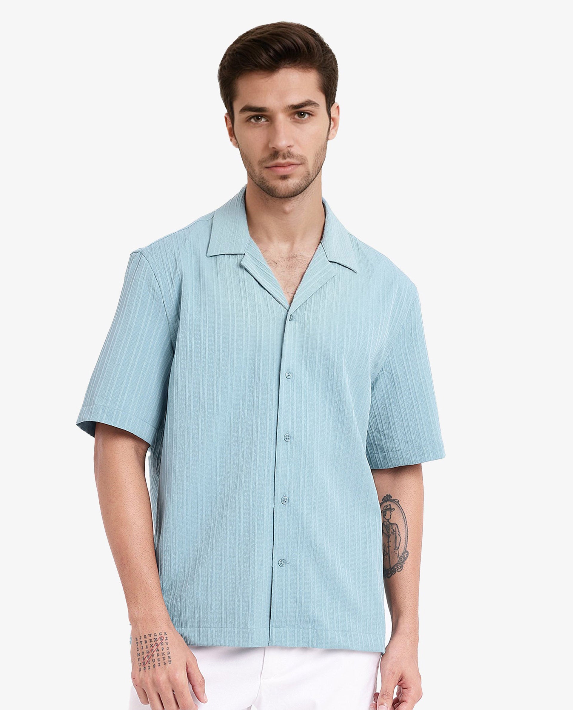 Rare Rabbit Men's Mirtilo Turq Polyester Fabric Short Sleeve Cuban Collar Self Stripe Textured Shirt