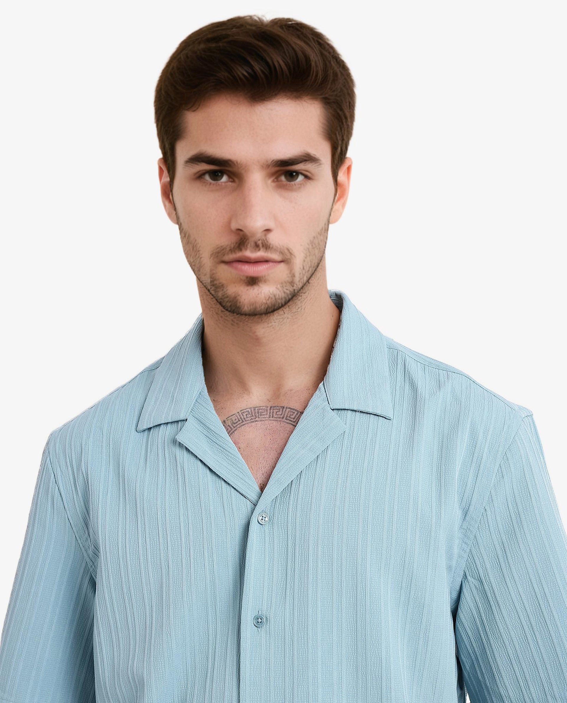 Rare Rabbit Men's Mirtilo Turq Polyester Fabric Short Sleeve Cuban Collar Self Stripe Textured Shirt