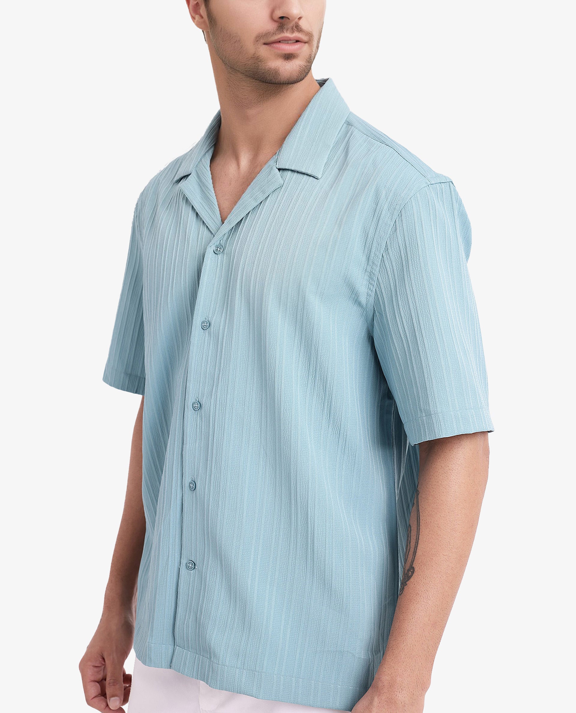 Rare Rabbit Men's Mirtilo Turq Polyester Fabric Short Sleeve Cuban Collar Self Stripe Textured Shirt