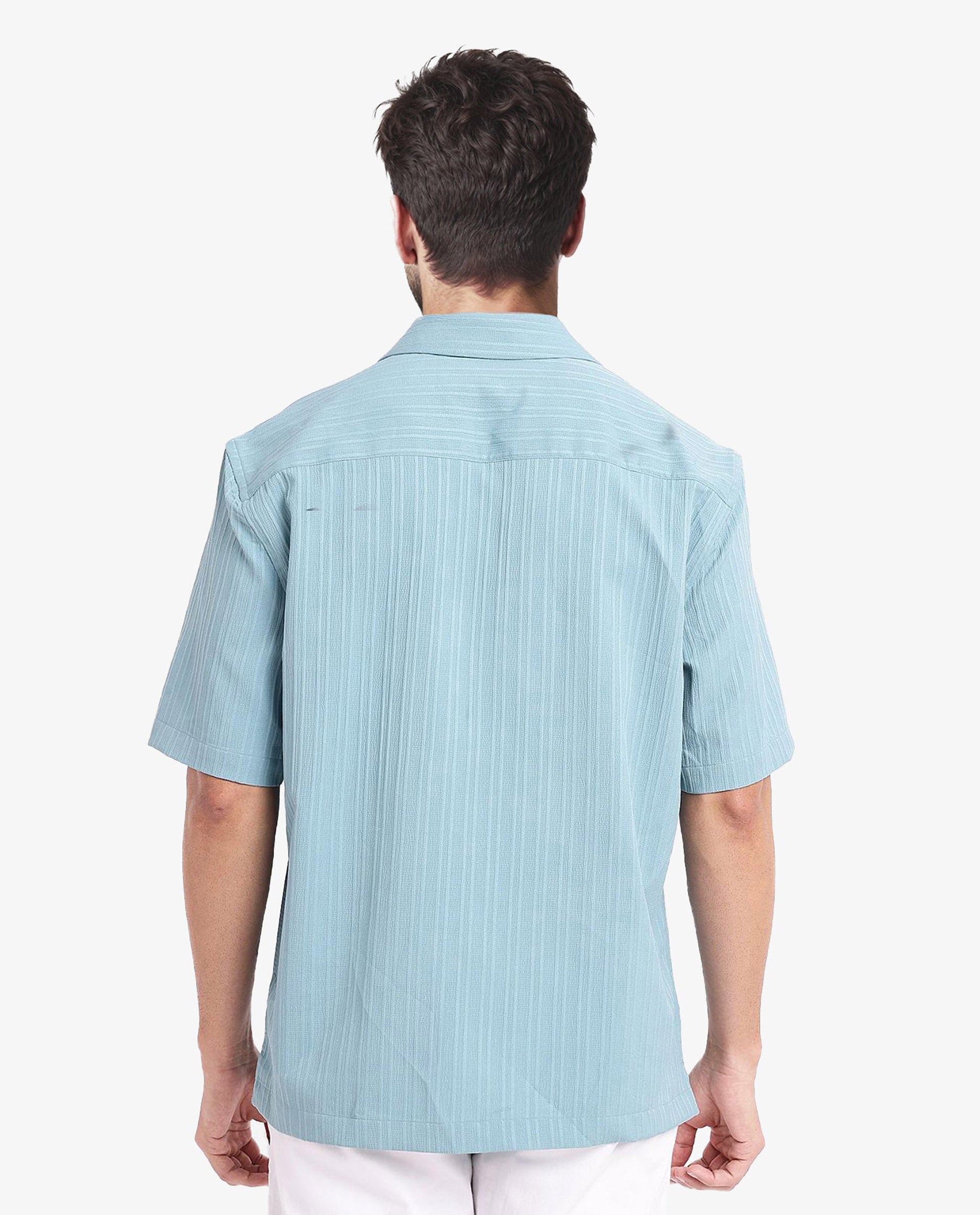 Rare Rabbit Men's Mirtilo Turq Polyester Fabric Short Sleeve Cuban Collar Self Stripe Textured Shirt