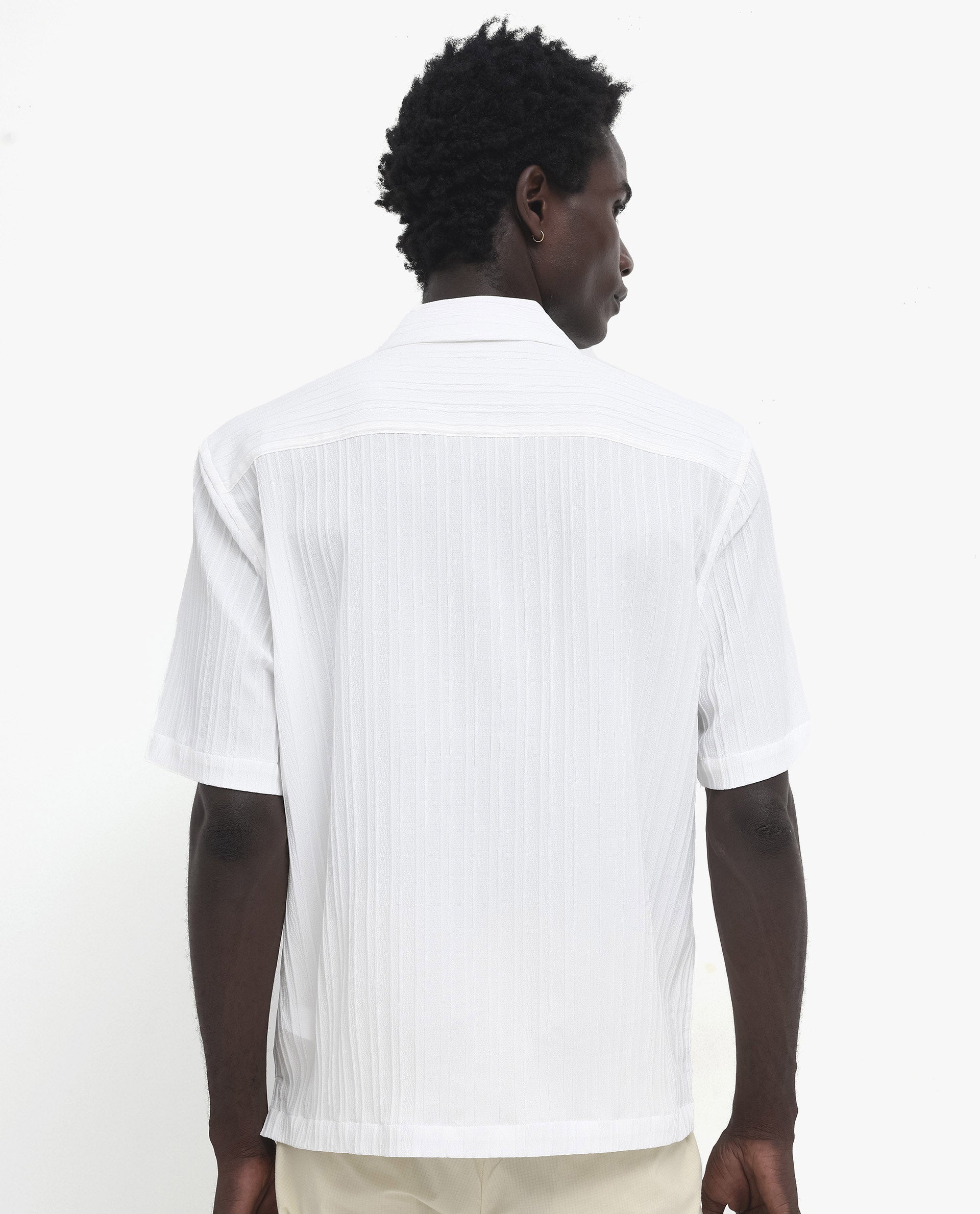 Rare Rabbit Men's Mirtilo White Polyester Fabric Short Sleeve Cuban Collar Self Stripe Textured Shirt