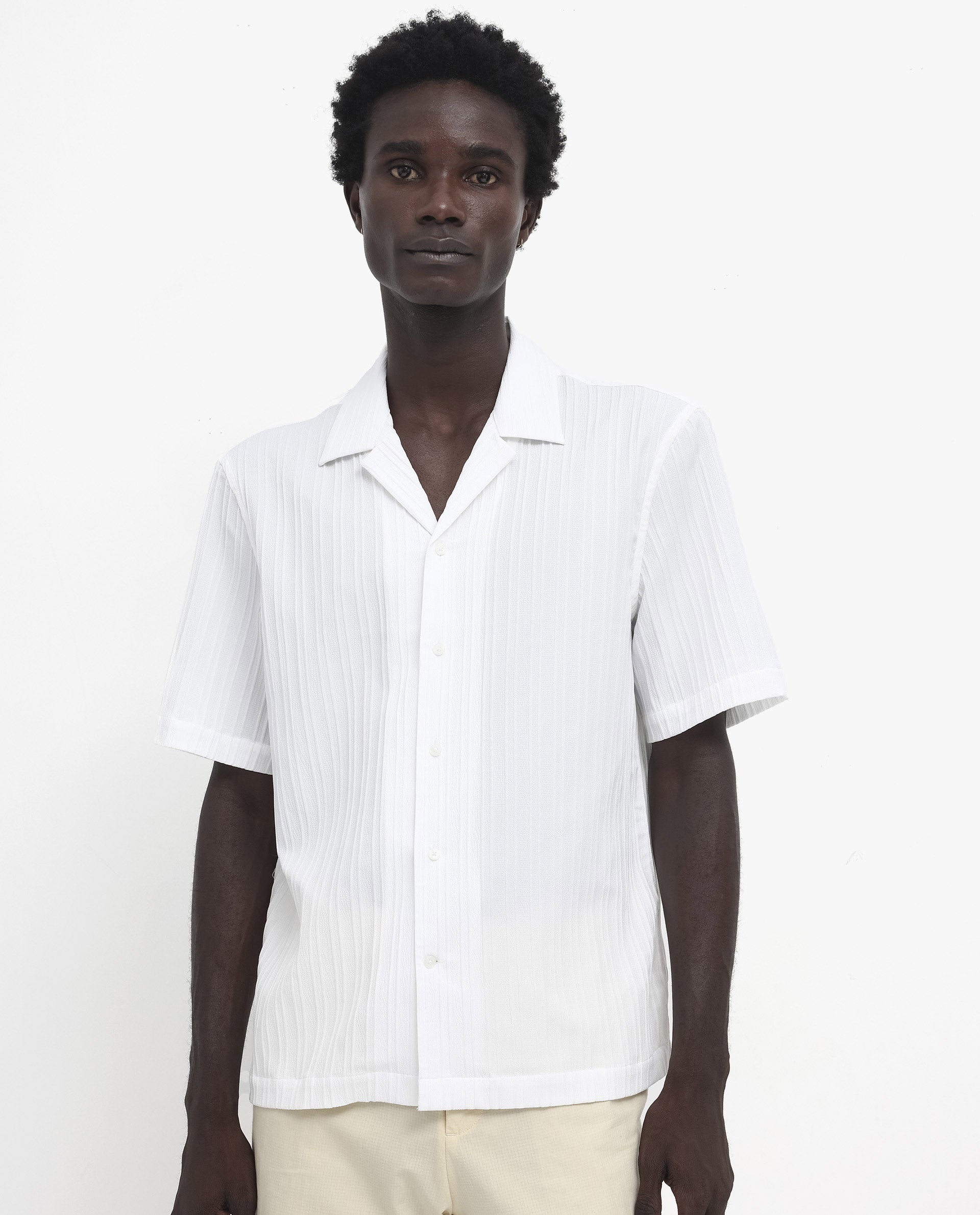 Rare Rabbit Men's Mirtilo White Polyester Fabric Short Sleeve Cuban Collar Self Stripe Textured Shirt